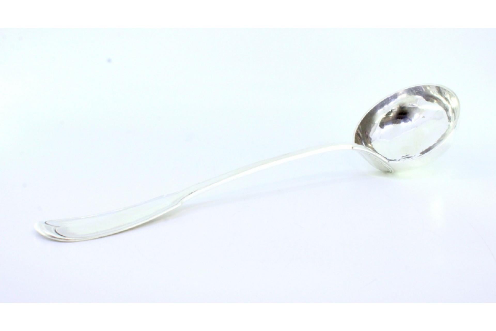 Description: Plain silver soup ladle with grooves along the handle to be shipped. Metal: Silver. Origin: French. Brand: Head of Hercules. Weight: 248.81 grams. Dimensions: 34cmx9.5cm. Content: 950/1000. Assay Mark: Yes, between 1819 and 1838.