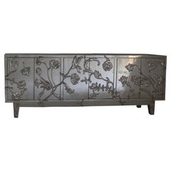 Smooth White Bronze Floral Credenza – Hollywood Regency Metal Clad Cabinet