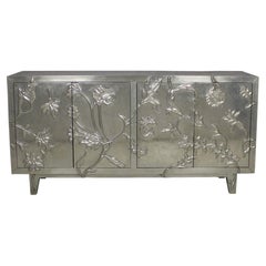 Smooth White Bronze Organic Floral Sideboard – Hand Carved Metal Clad Credenza