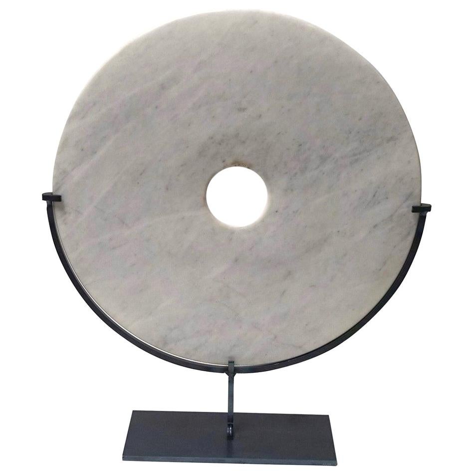 Smooth White/Grey Marble Disc Sculpture, China, Contemporary