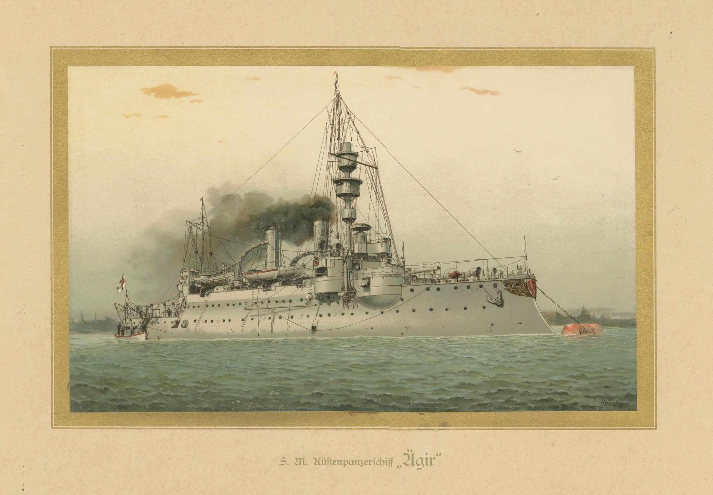 Title: SMS Ägir: German Coastal Defense Ship from the Late 19th Century – 1903 Chromolithograph

This 1903 chromolithograph by Hugo Graf, part of 'Deutschland zur See', features the SMS Ägir, a coastal defense ship of the German Imperial Navy,