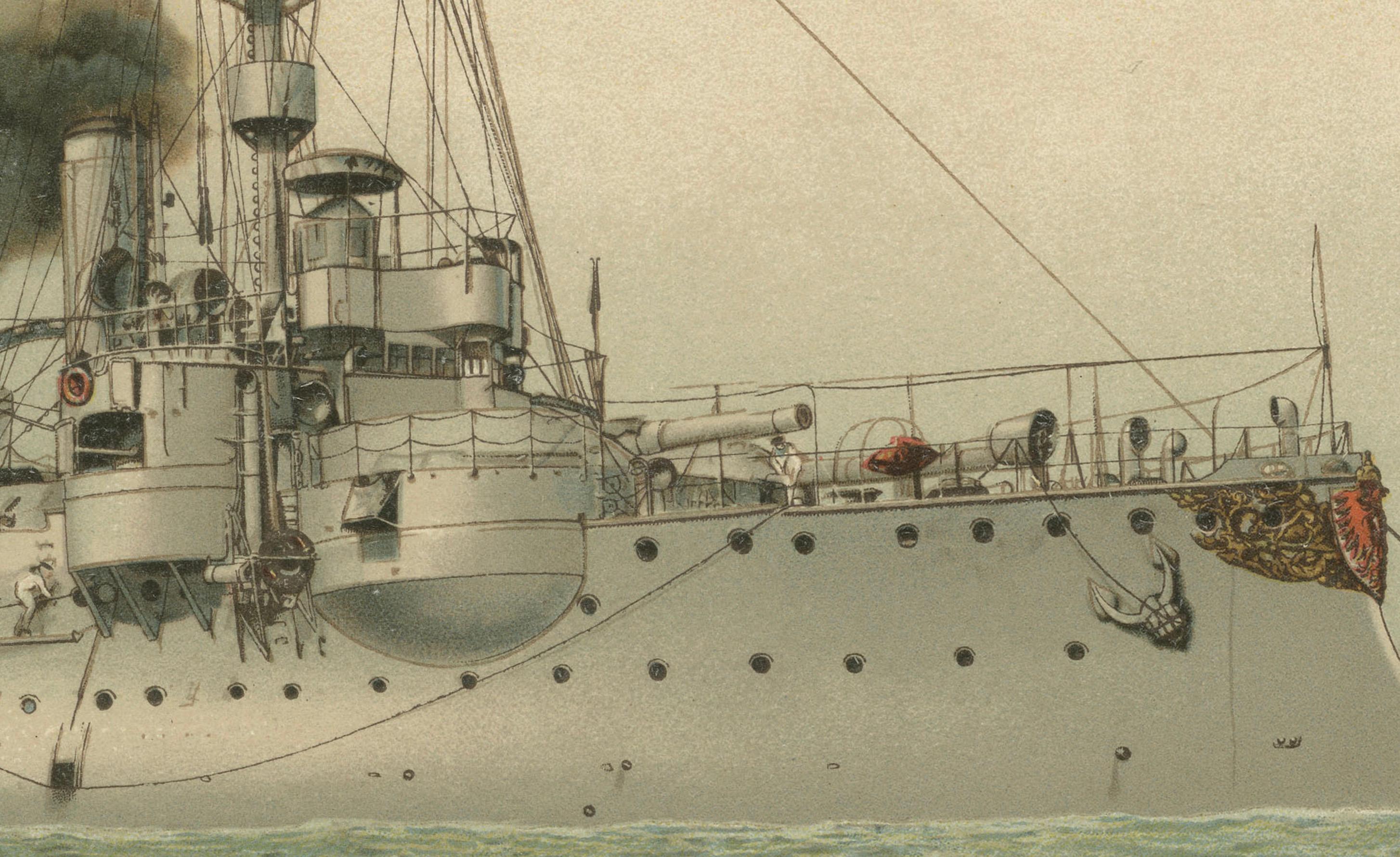 Early 20th Century SMS Ägir: German Coastal Defense Ship – 1903 Chromolithograph For Sale