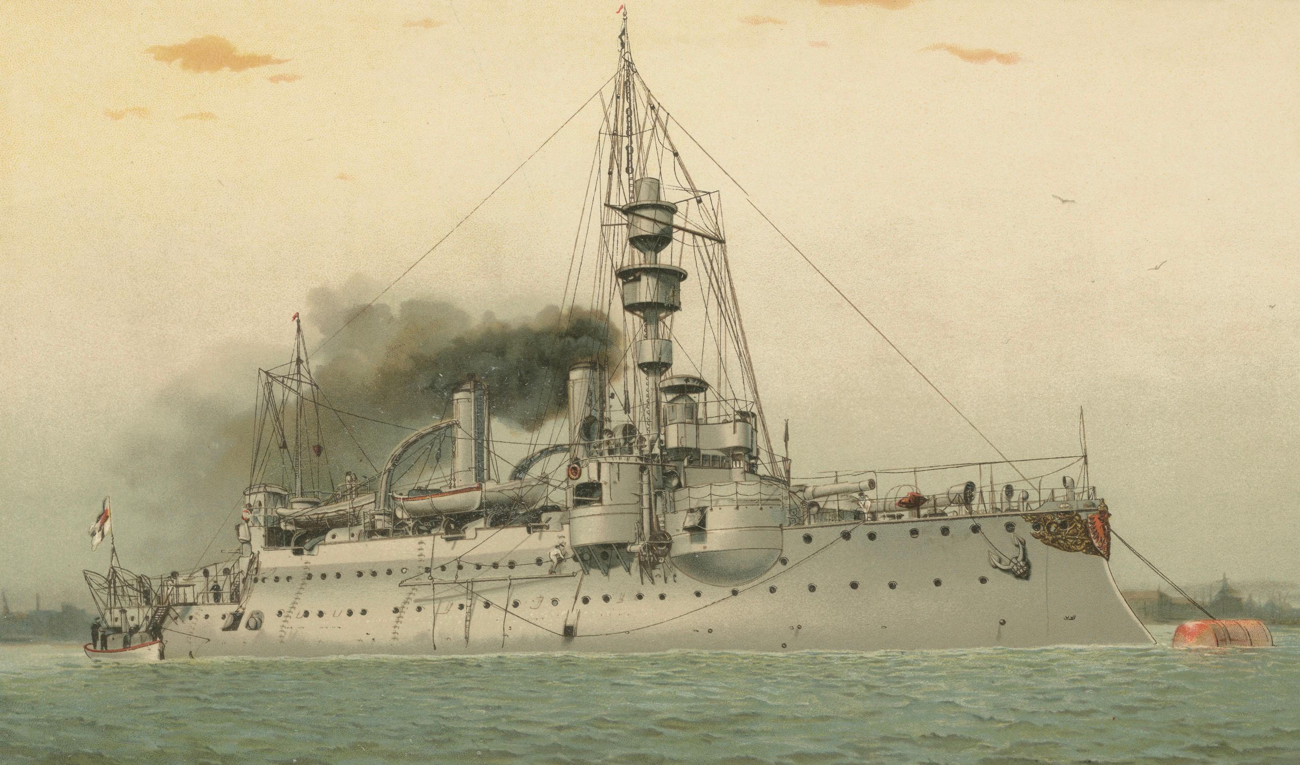 Paper SMS Ägir: German Coastal Defense Ship – 1903 Chromolithograph For Sale