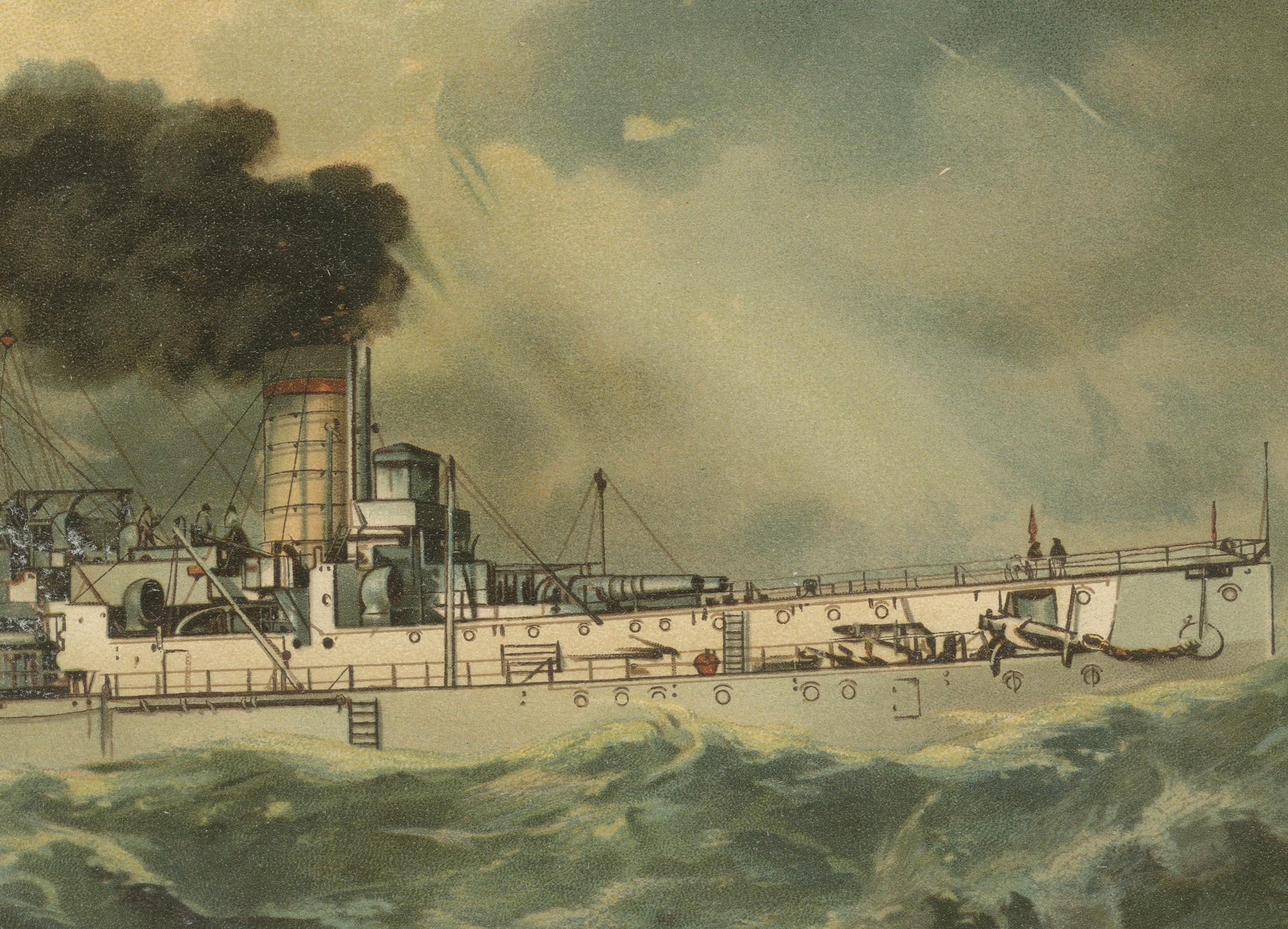 Titel: SMS Baden: Deutsches Küstenverteidigungsschiff in stürmischer See - 1903 Chromolithographie

Diese Chromolithografie von Hugo Graf aus 