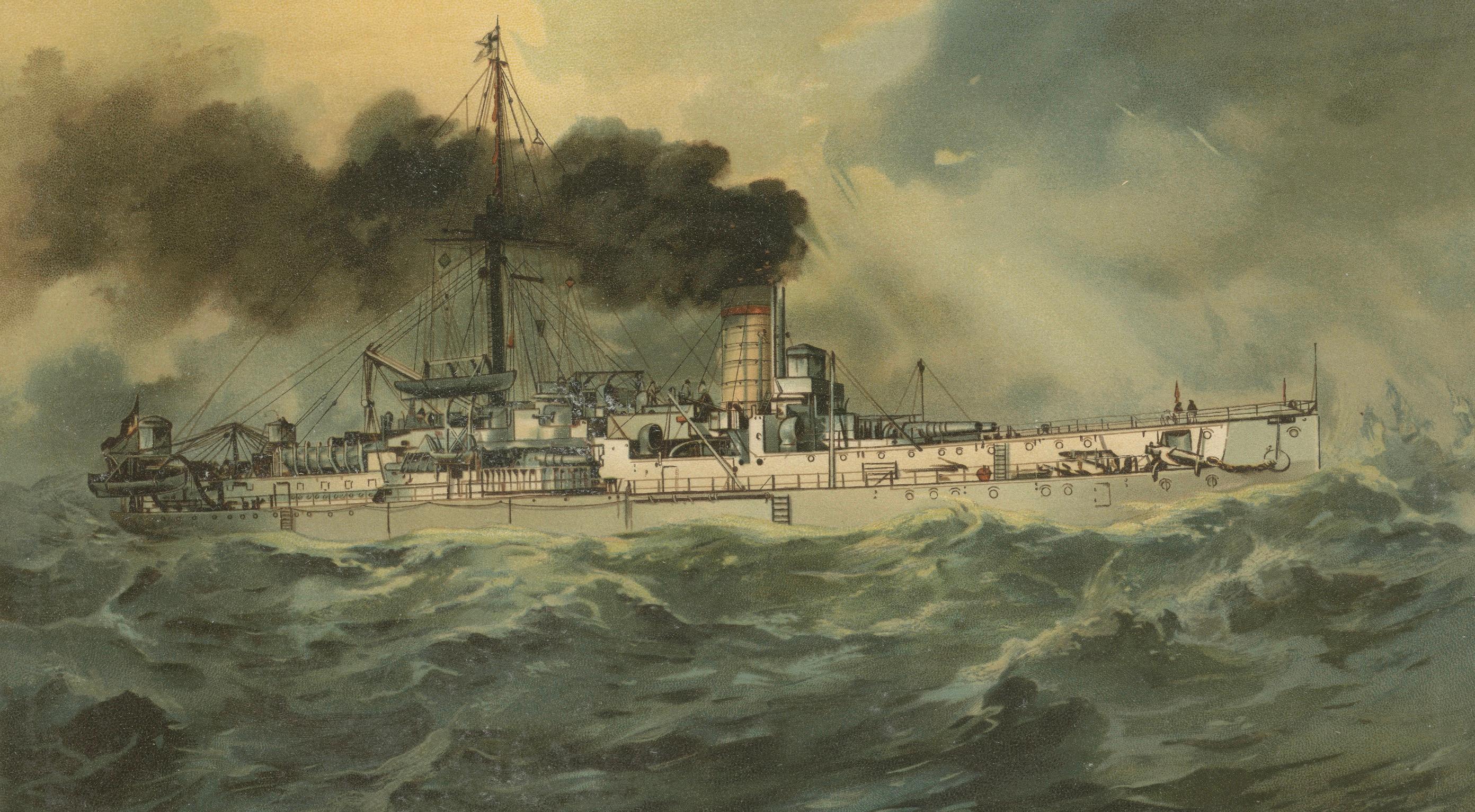 SMS Baden: Deutsches Küstenverteidigungsschiff in stürmischer See - 1903 Chromolithographie im Zustand „Gut“ im Angebot in Langweer, NL