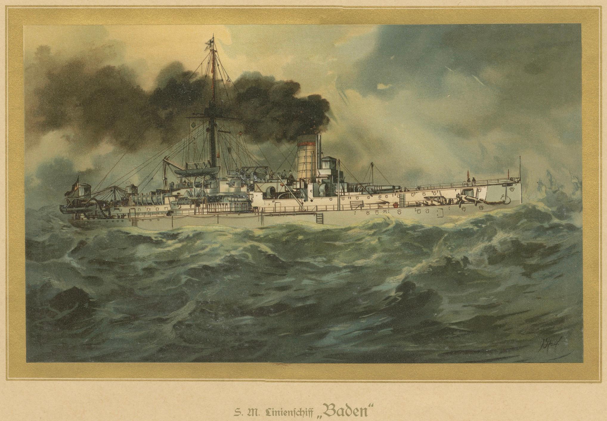 SMS Baden: Deutsches Küstenverteidigungsschiff in stürmischer See - 1903 Chromolithographie (Frühes 20. Jahrhundert) im Angebot