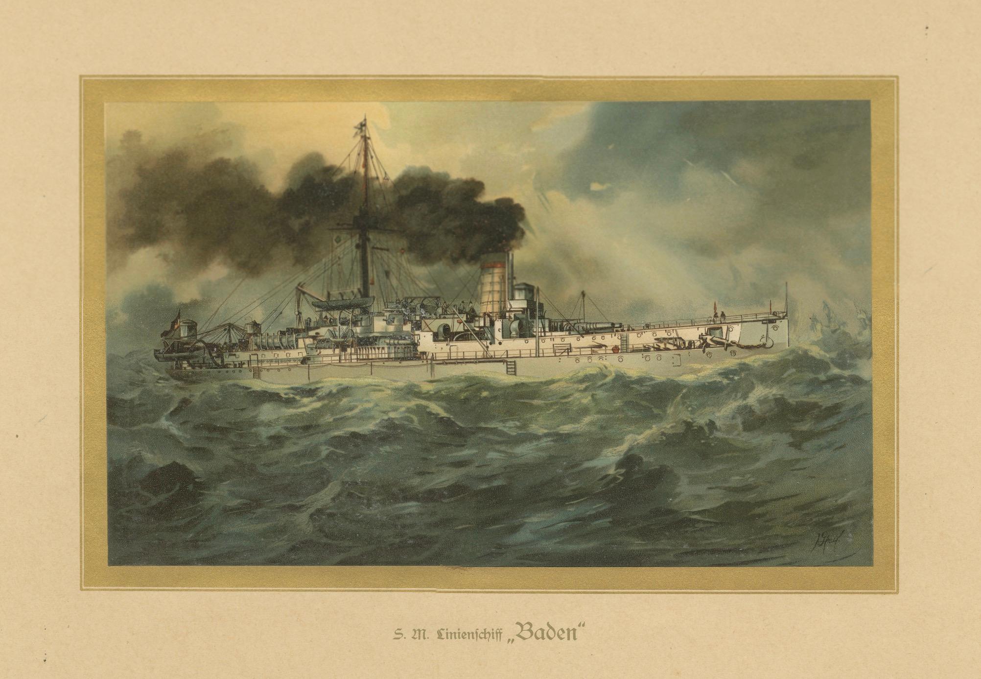 SMS Baden: Deutsches Küstenverteidigungsschiff in stürmischer See - 1903 Chromolithographie (Papier) im Angebot