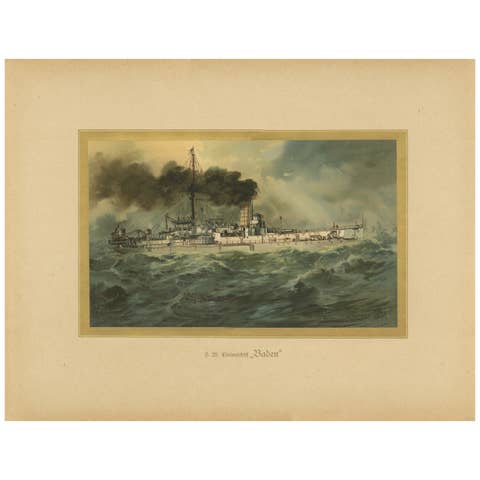 SMS Baden: German Coastal Defense Ship in Turbulent Seas – 1903 Chromolithograph