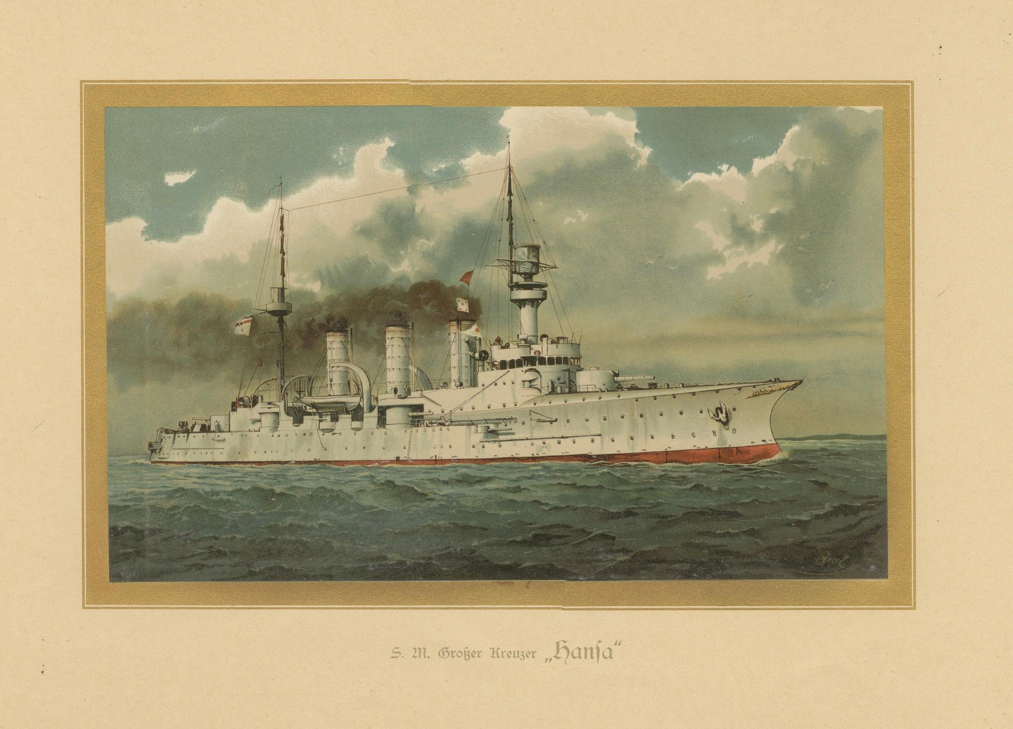 Título: SMS Hansa: El Crucero Protegido Pionero de Alemania - 1903 Cromolitografía de Hugo Graf
 
Esta cromolitografía, creada por Hugo Graf en 1903 como parte de 