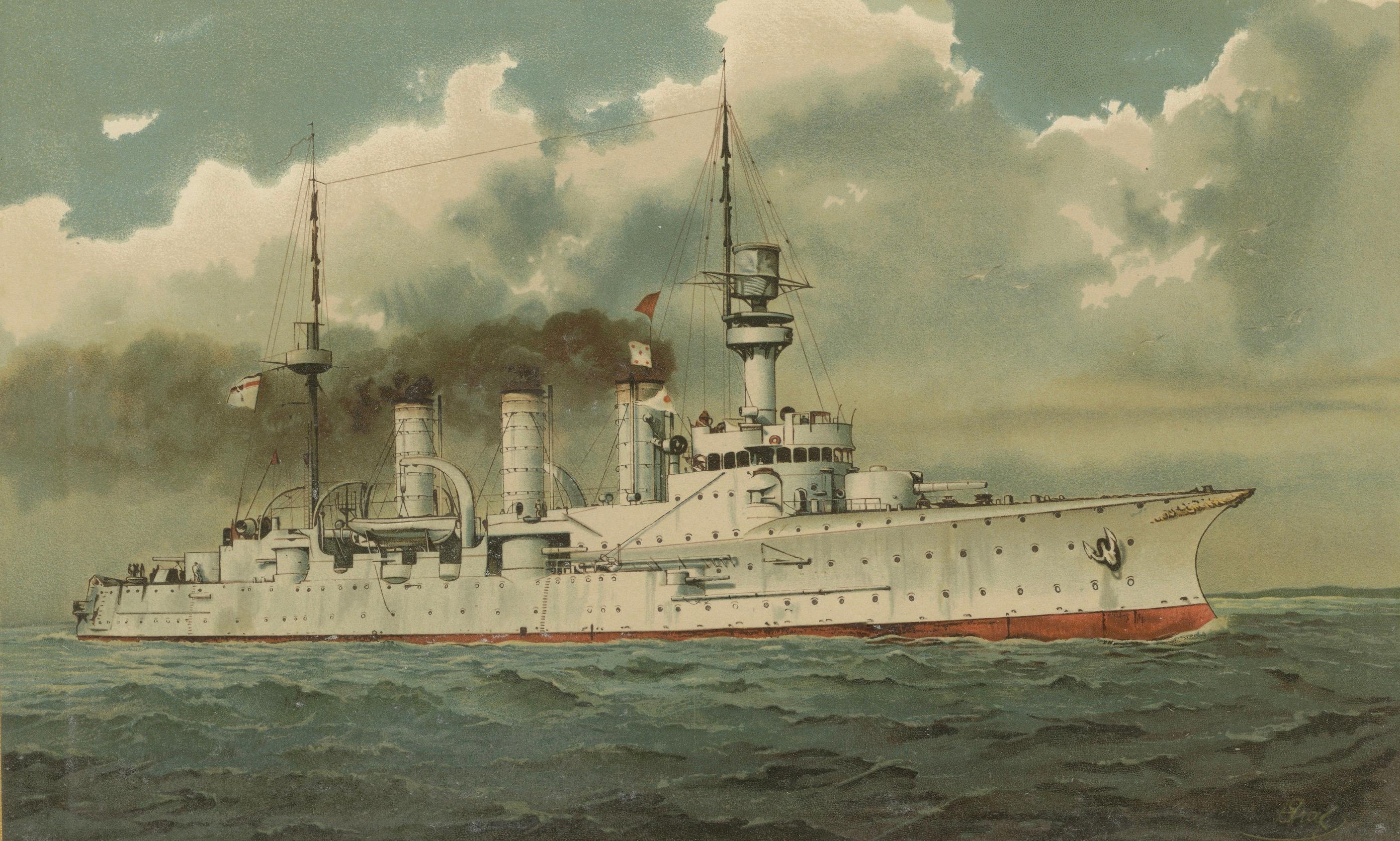 SMS Hansa: El Crucero Protegido Pionero de Alemania - 1903 Cromolitografía principios del siglo XX en venta