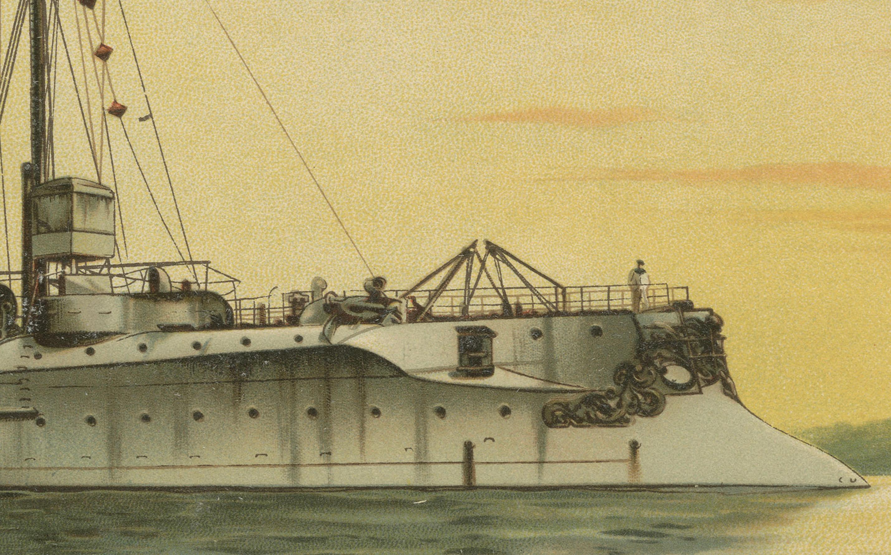 Titel: SMS Hela: Deutscher Leichter Kreuzer in der Vorkriegszeit - 1903 Chromolithographie

Diese Chromolithografie von Hugo Graf aus 