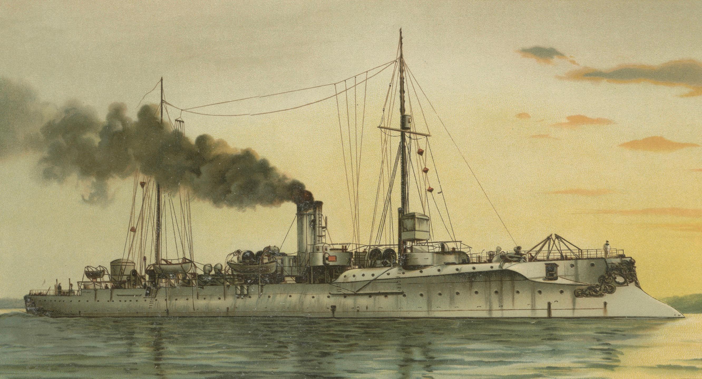 SMS Hela: Deutscher Leichter Kreuzer in der Vorkriegszeit - 1903 Chromolithographie im Zustand „Gut“ im Angebot in Langweer, NL