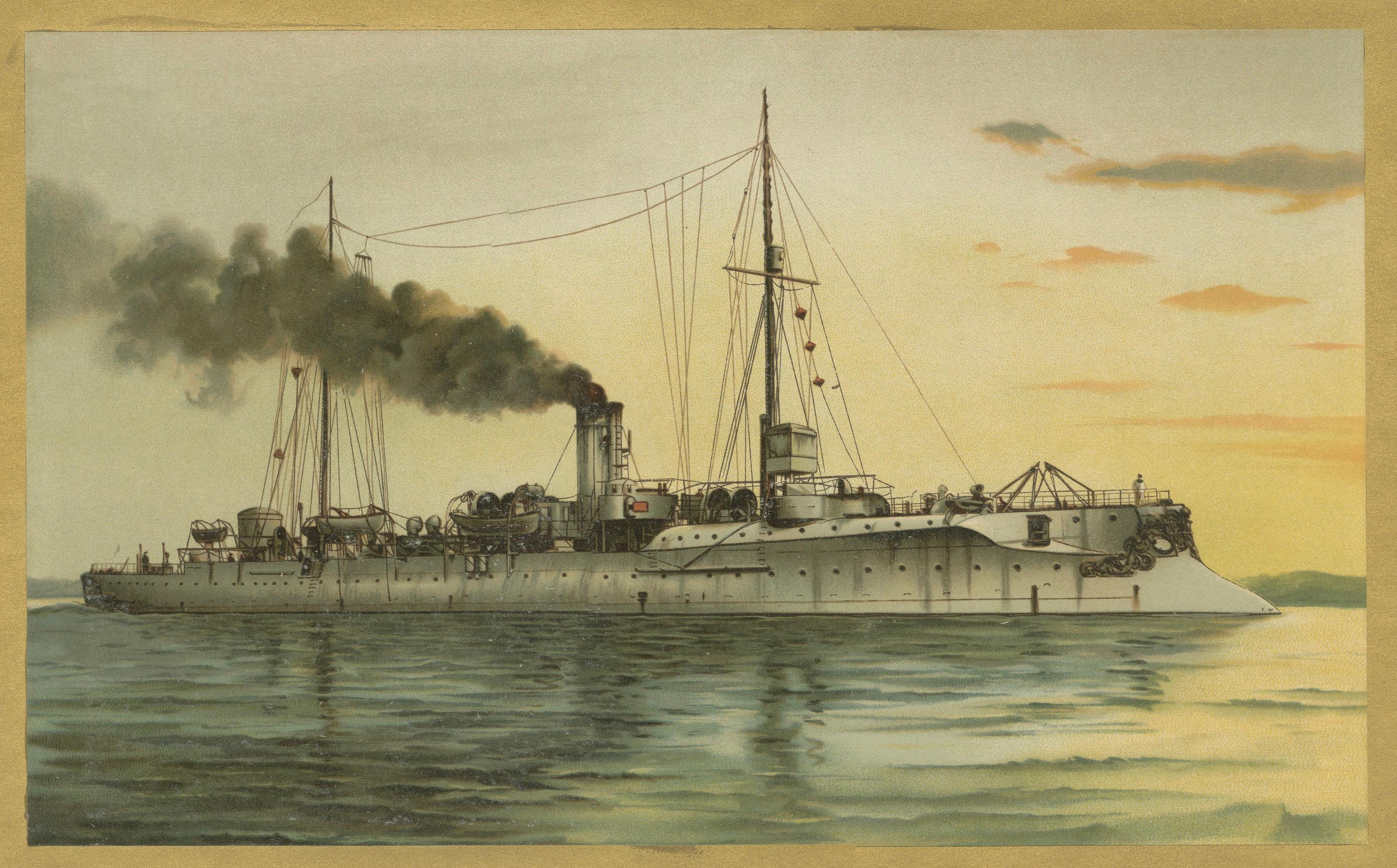 SMS Hela: Deutscher Leichter Kreuzer in der Vorkriegszeit - 1903 Chromolithographie (Frühes 20. Jahrhundert) im Angebot