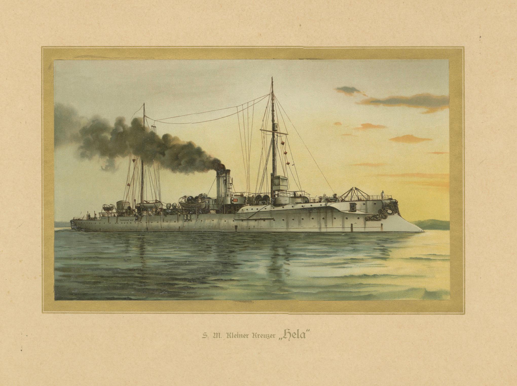 SMS Hela: Deutscher Leichter Kreuzer in der Vorkriegszeit - 1903 Chromolithographie (Papier) im Angebot