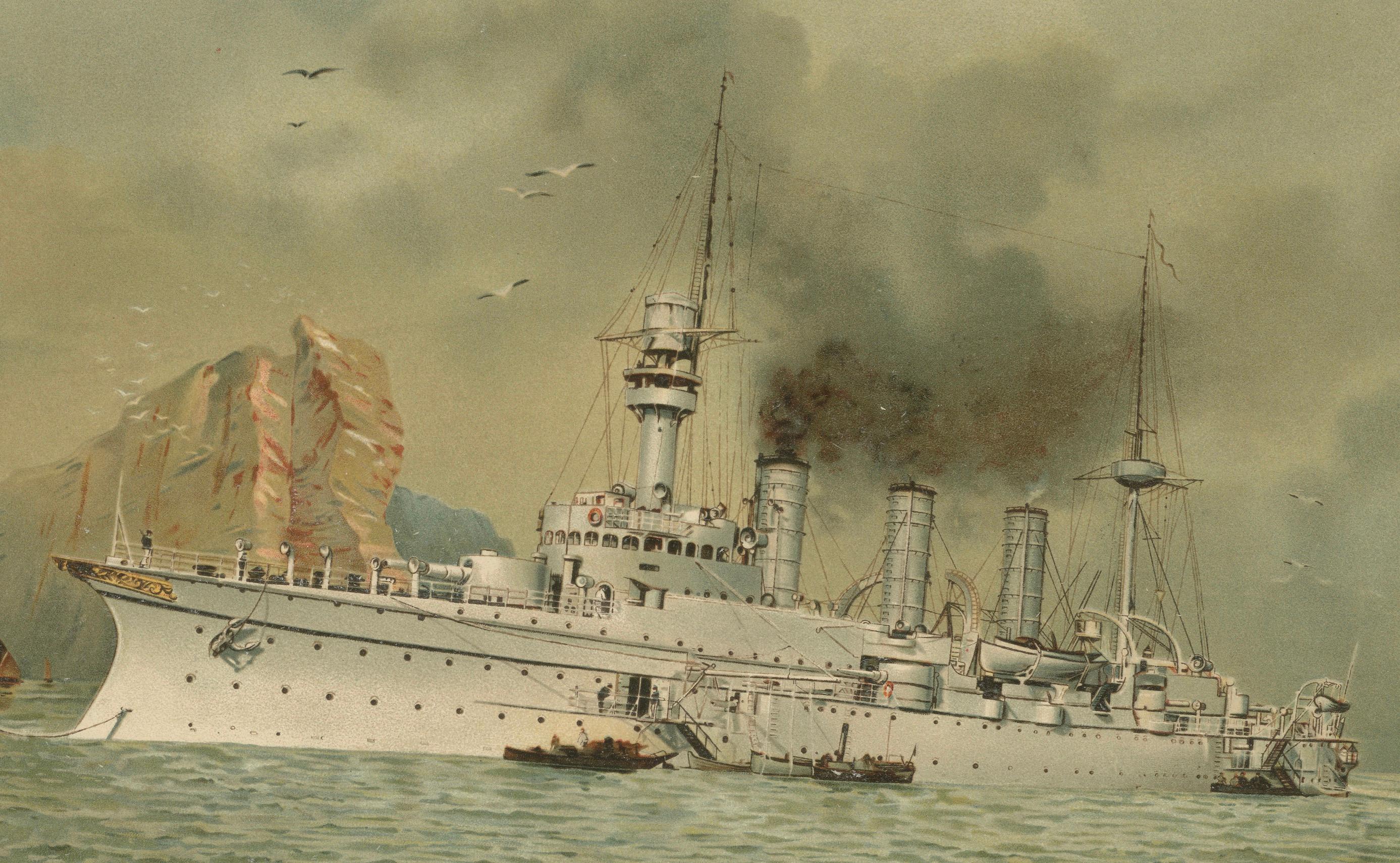 SMS Hertha : Croiseur allemand protégé en Extrême-Orient - 1903 Chromolithographie Bon état - En vente à Langweer, NL