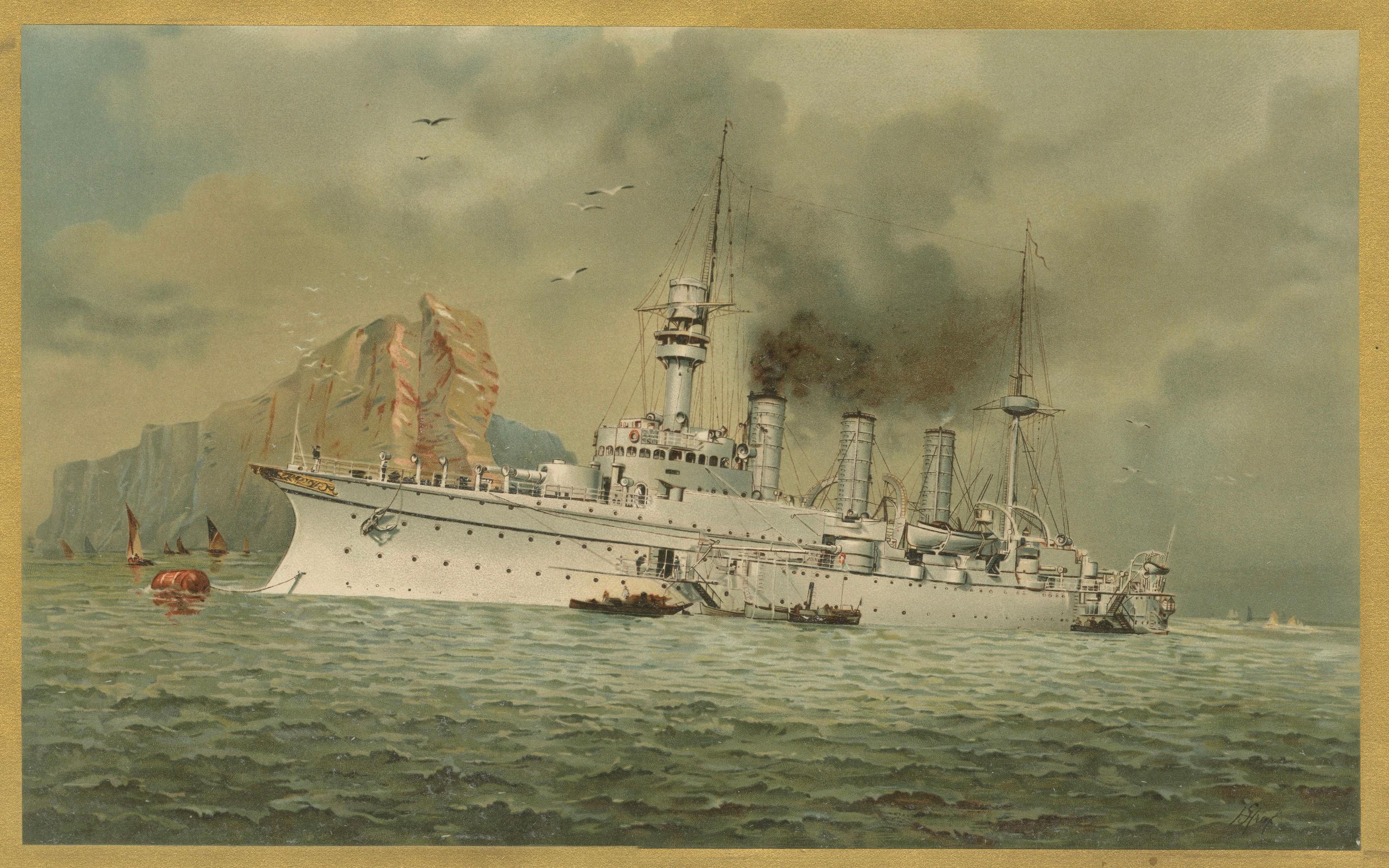 Début du 20ème siècle SMS Hertha : Croiseur allemand protégé en Extrême-Orient - 1903 Chromolithographie en vente
