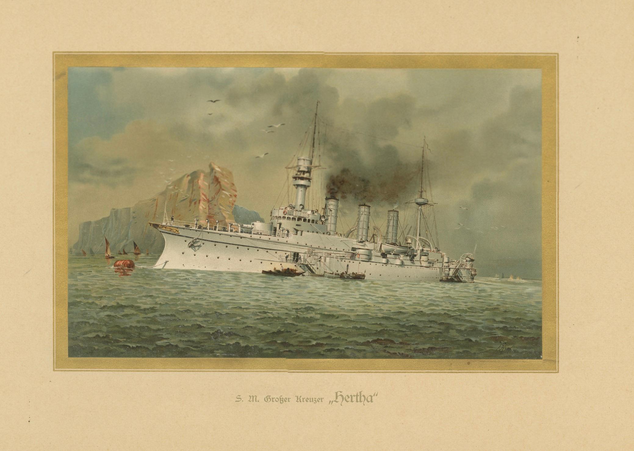 Papier SMS Hertha : Croiseur allemand protégé en Extrême-Orient - 1903 Chromolithographie en vente