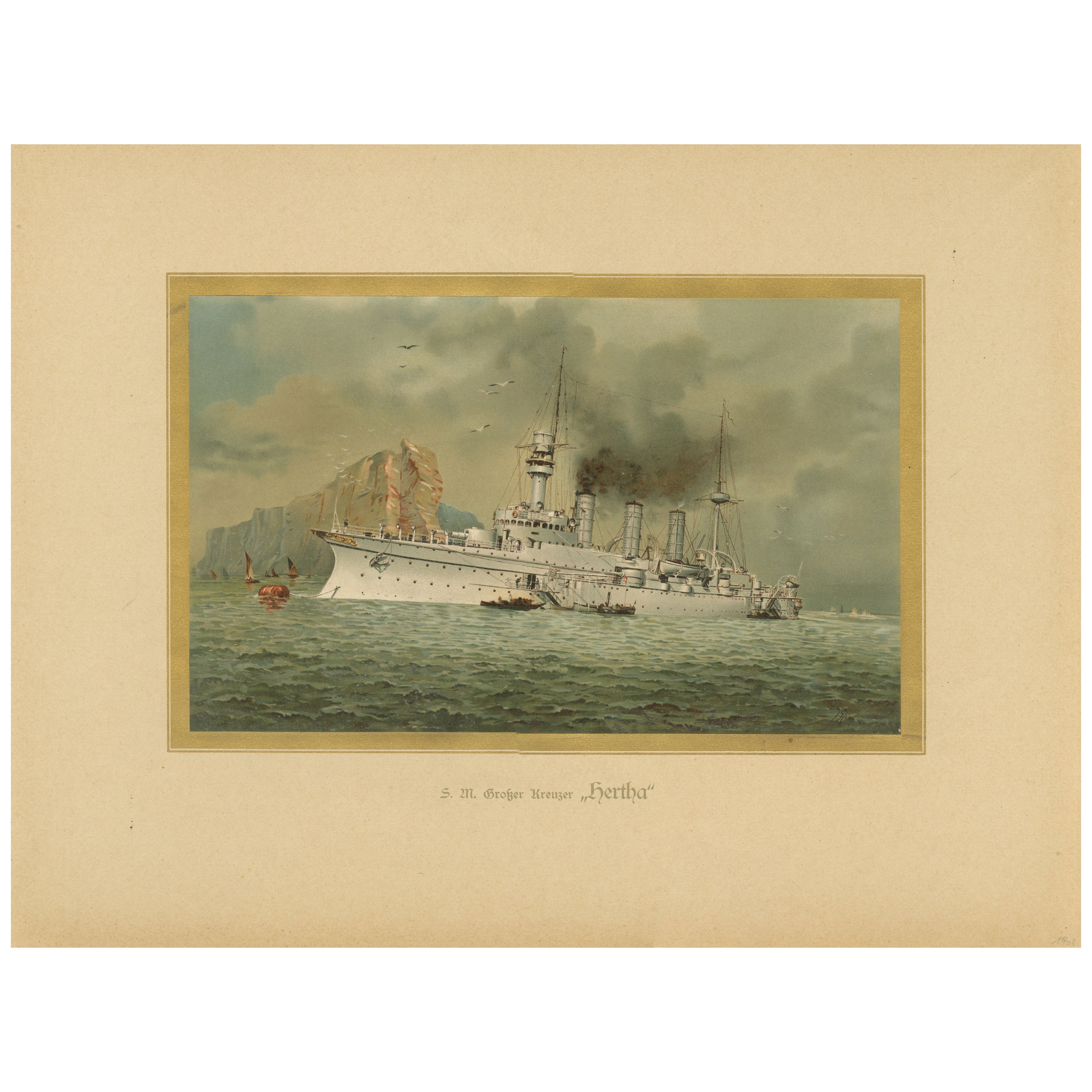 SMS Hertha : Croiseur allemand protégé en Extrême-Orient - 1903 Chromolithographie