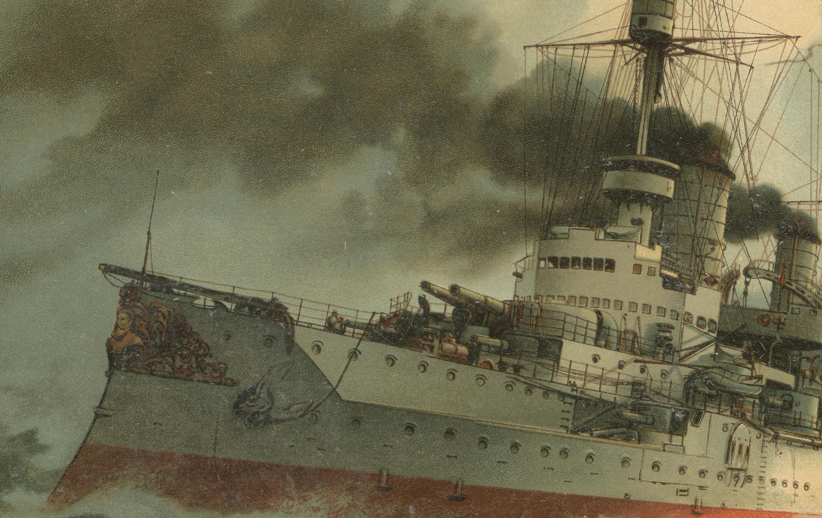 Titel: SMS Kaiser Friedrich III: Deutsches Schlachtschiff im Sturm - 1903 Chromolithographie

Diese Chromolithografie von Hugo Graf aus *Deutschland zur See* von 1903 zeigt die SMS Kaiser Friedrich III, ein mächtiges Schlachtschiff der Kaiserlichen
