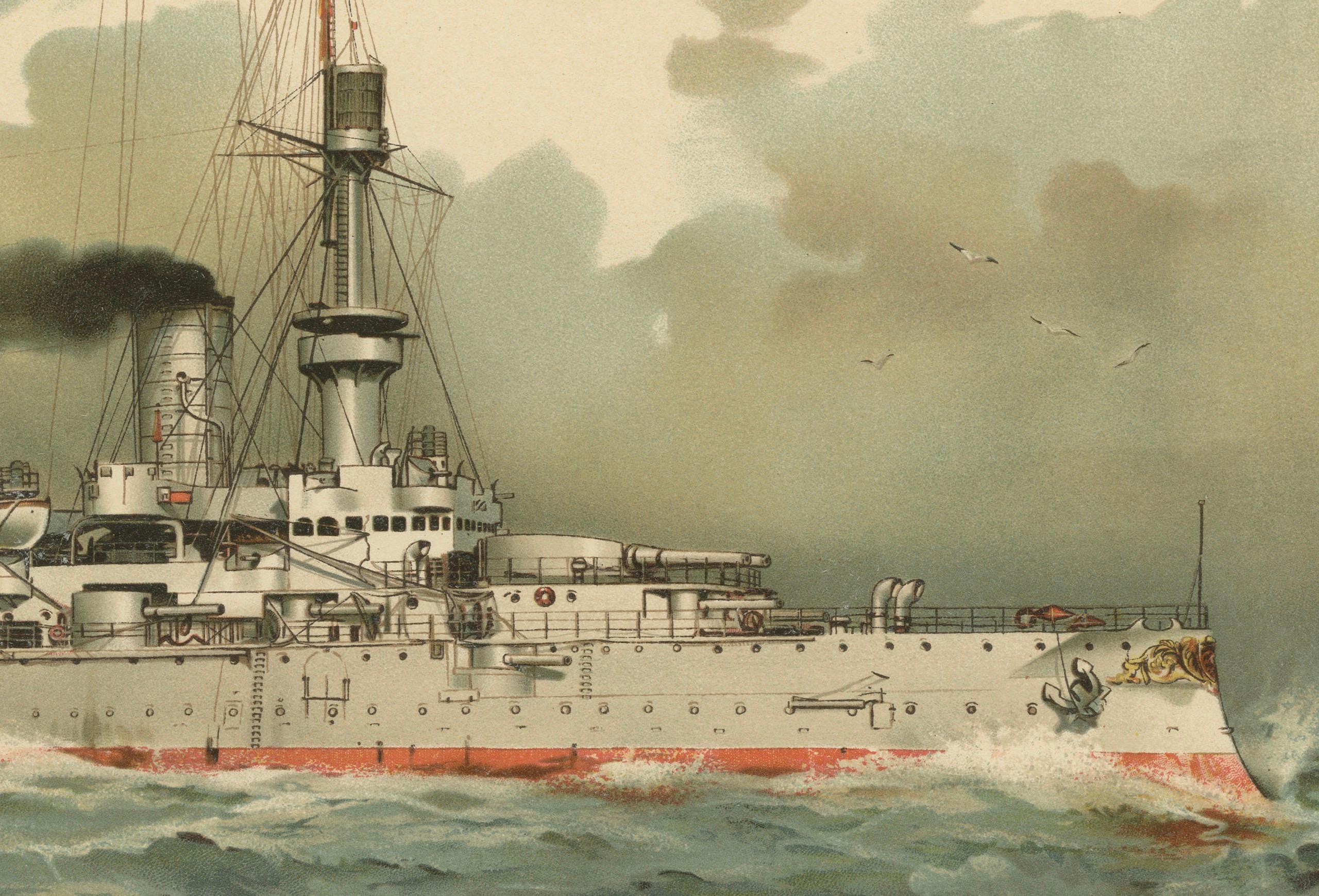 Titel: SMS Kaiser Wilhelm II: Deutsches Flaggschiff Schlachtschiff in Chromolithographie von Hugo Graf (1903)

Diese Chromolithografie von Hugo Graf aus 