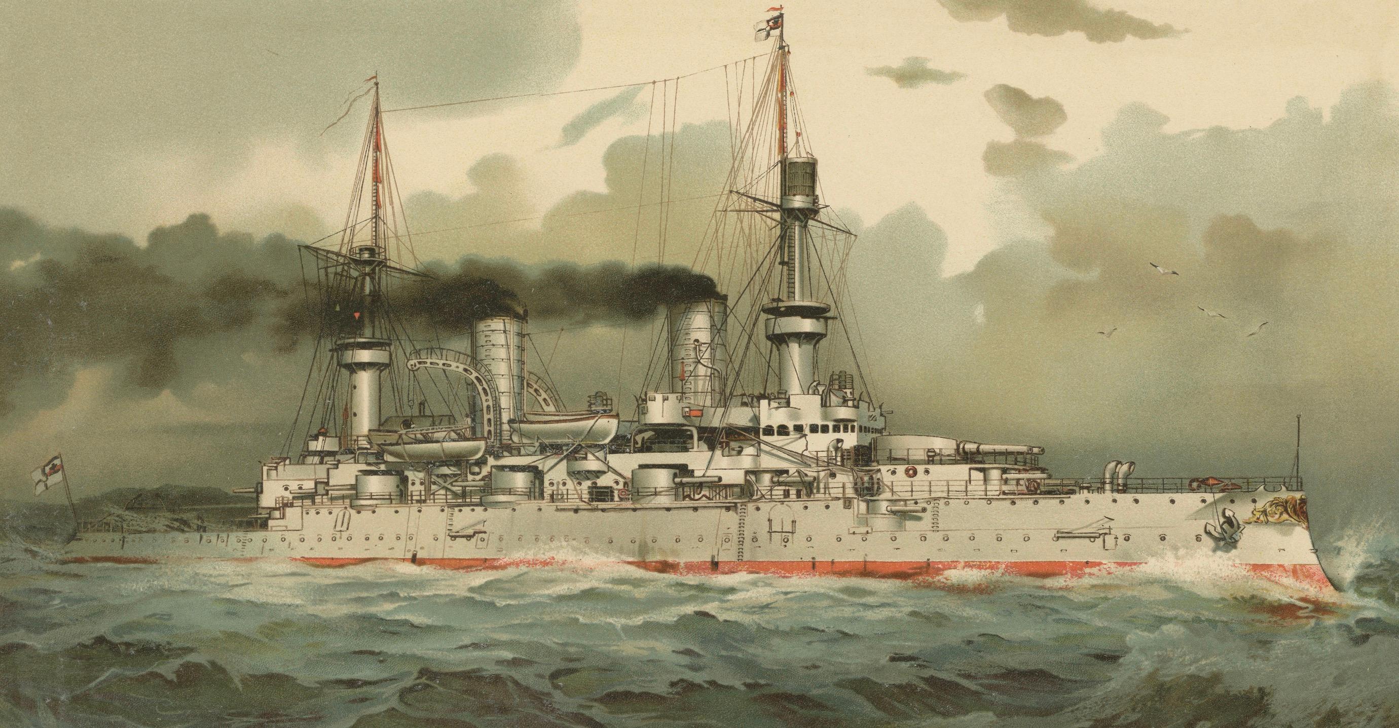 SMS Kaiser Wilhelm II.: Deutsches Flaggschiffschlachtschiff in Chromolithographie von H. Graf im Zustand „Gut“ im Angebot in Langweer, NL