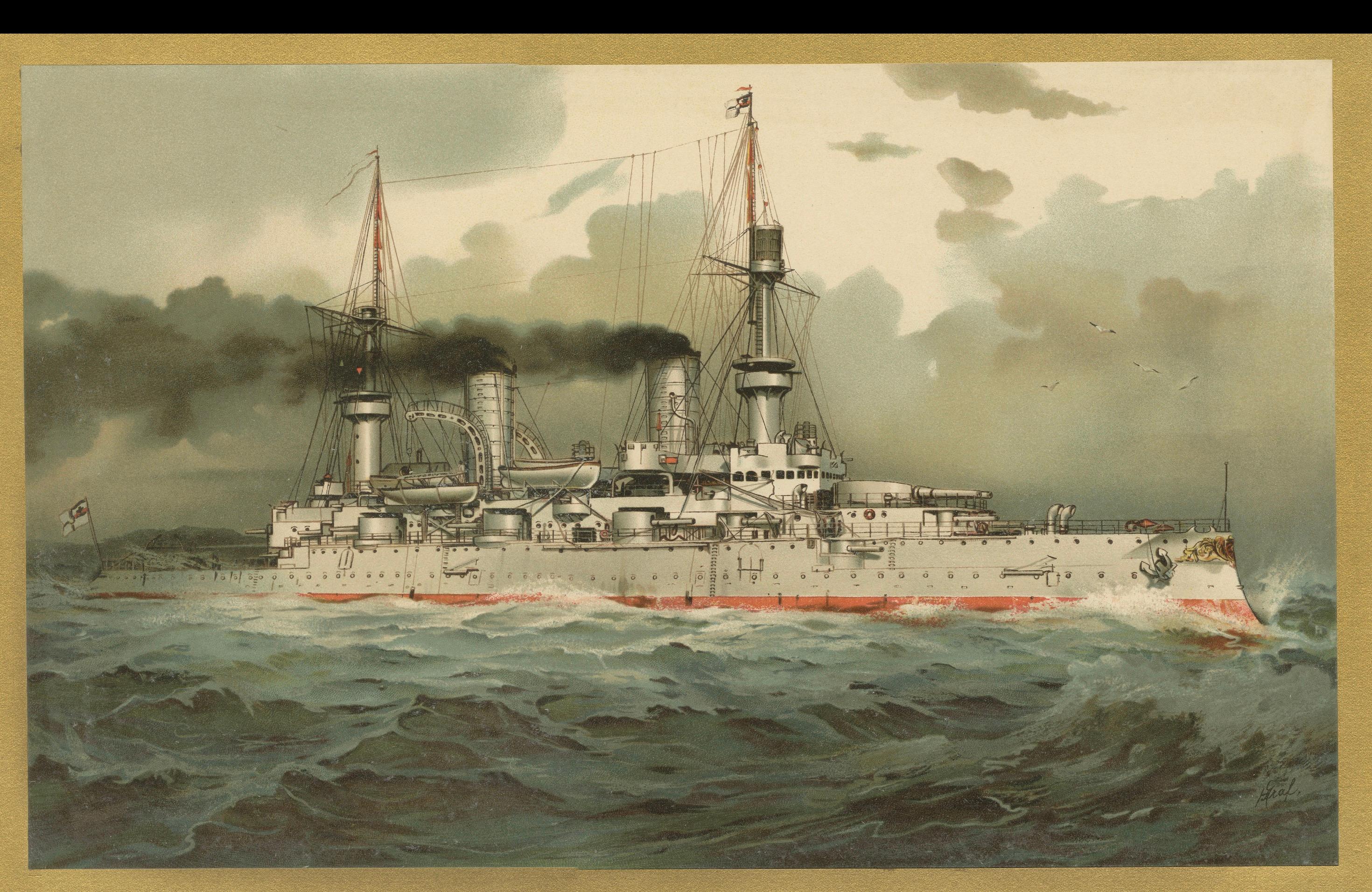 SMS Kaiser Wilhelm II.: Deutsches Flaggschiffschlachtschiff in Chromolithographie von H. Graf (Frühes 20. Jahrhundert) im Angebot