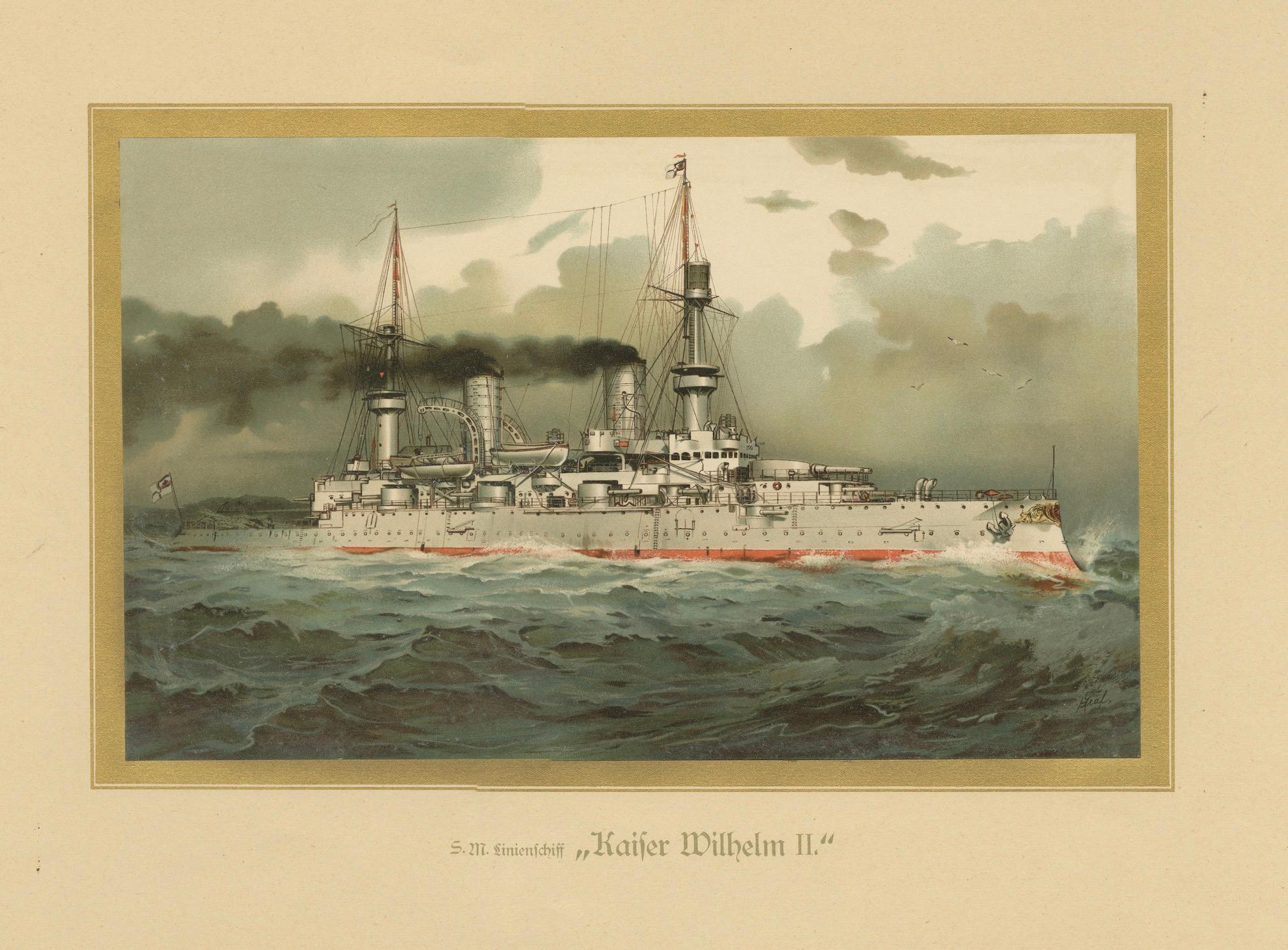 SMS Kaiser Wilhelm II.: Deutsches Flaggschiffschlachtschiff in Chromolithographie von H. Graf (Papier) im Angebot