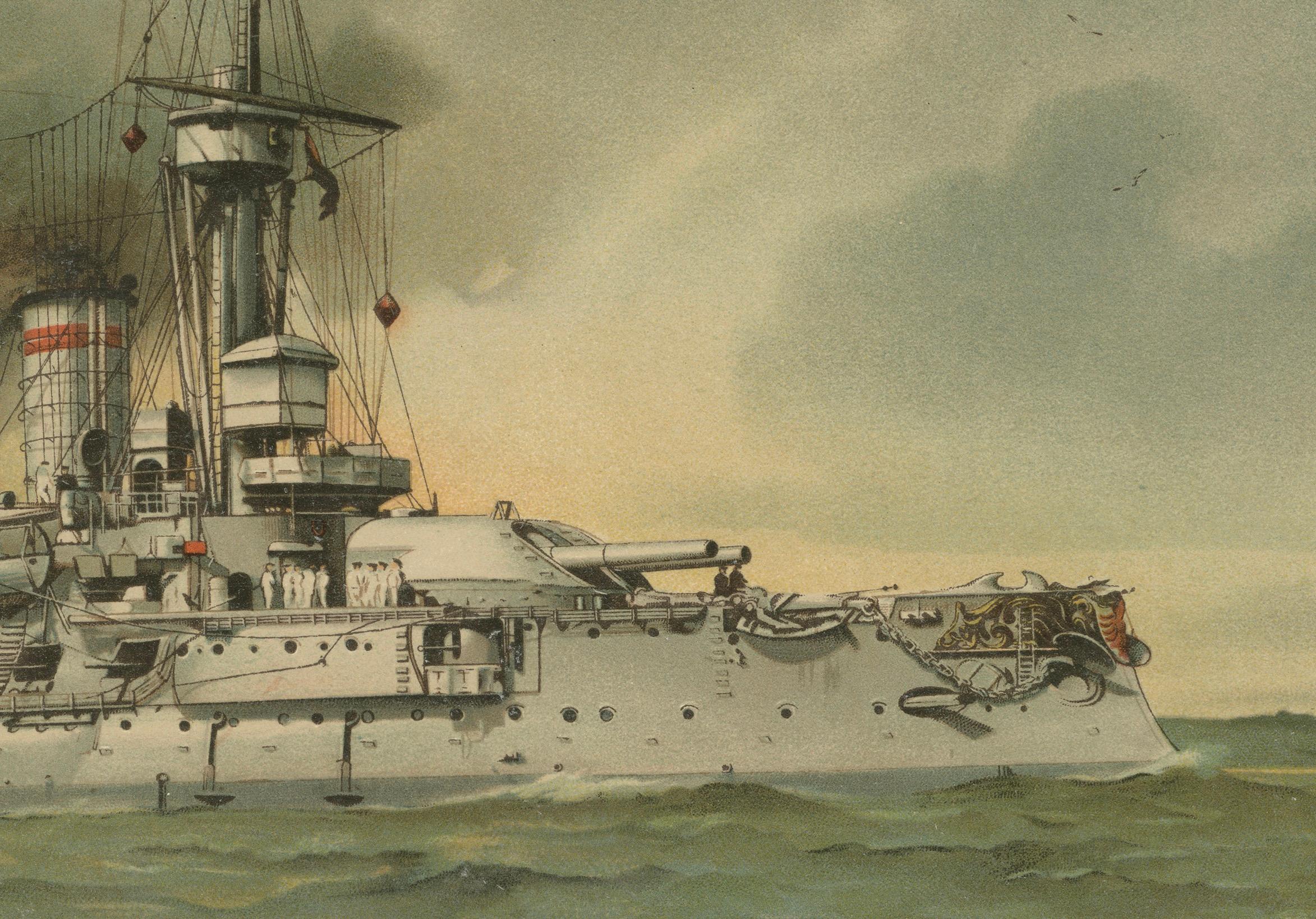 Titel: SMS Kurfürst Friedrich Wilhelm: Deutsches Vor-Dreadnought-Schlachtschiff - 1903 Chromolithographie

Diese Chromolithografie von Hugo Graf aus *Deutschland zur See* von 1903 zeigt die SMS Kurfürst Friedrich Wilhelm, ein bemerkenswertes