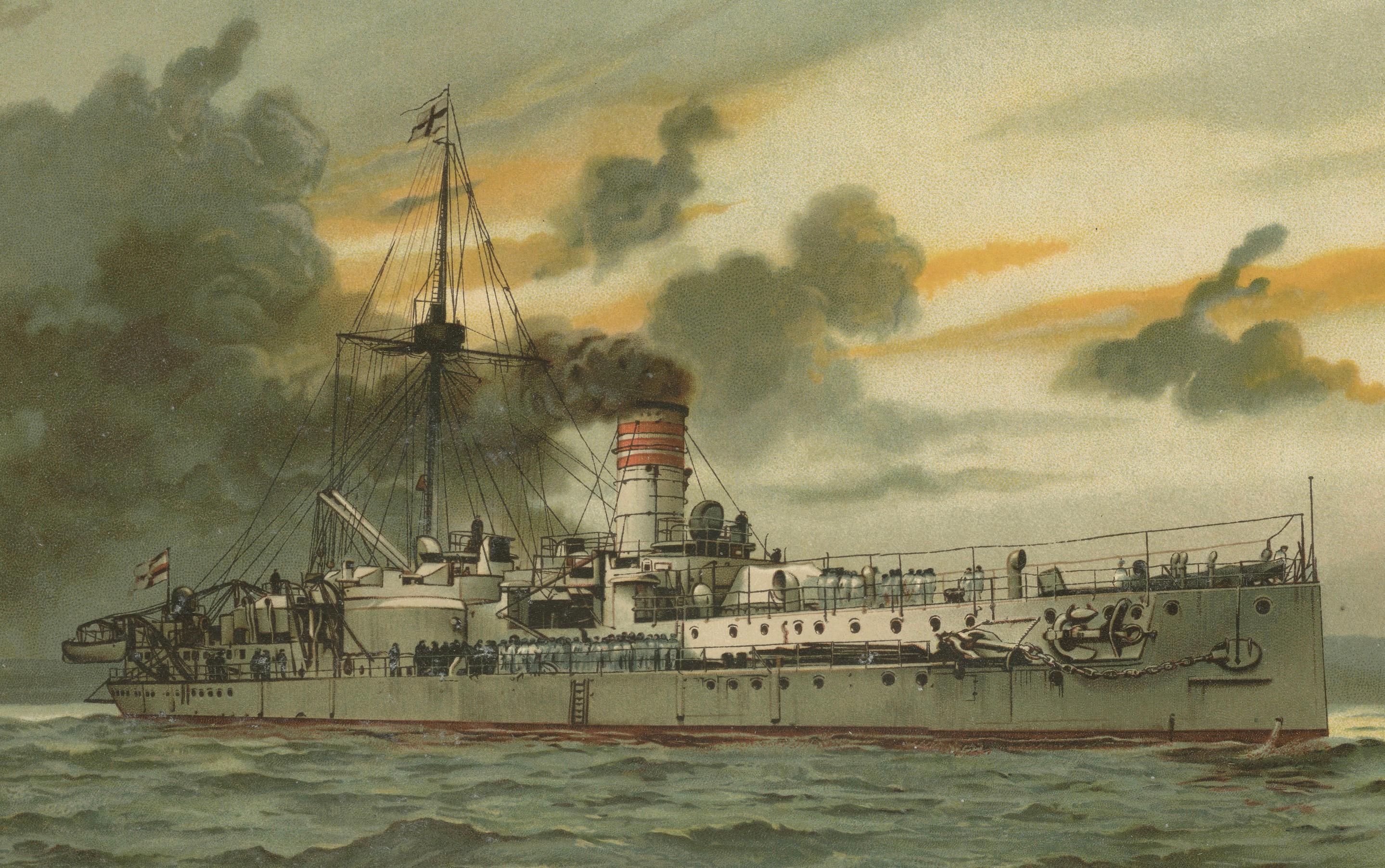 Titolo: SMS Sachsen: Pionieristica nave da difesa costiera tedesca - Cromolitografia del 1903

Questa cromolitografia, creata da Hugo Graf nel 1903 come parte di 
