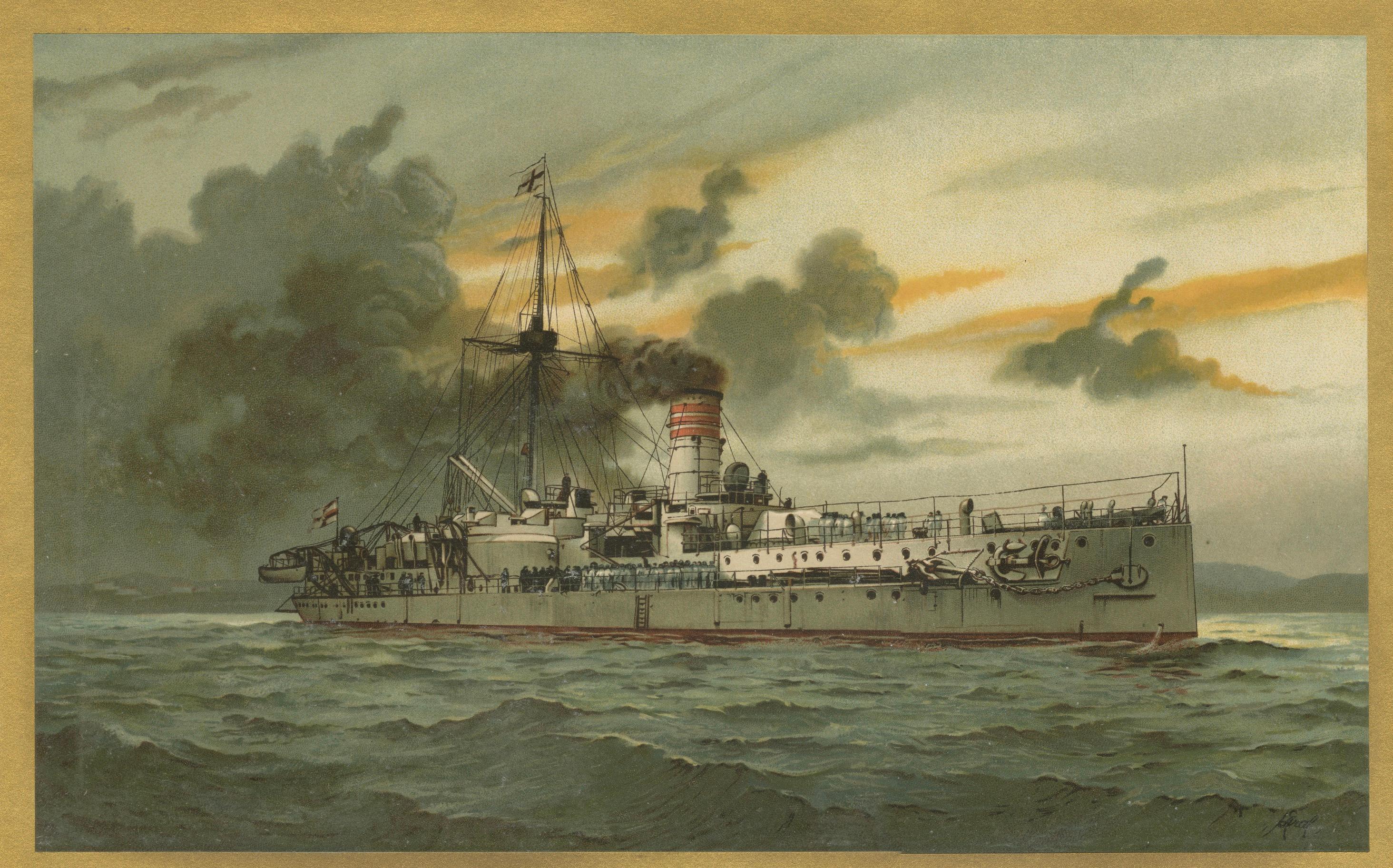 SMS Sachsen: Pionieristica nave da difesa costiera tedesca - Cromolitografia del 1903 In condizioni buone in vendita a Langweer, NL