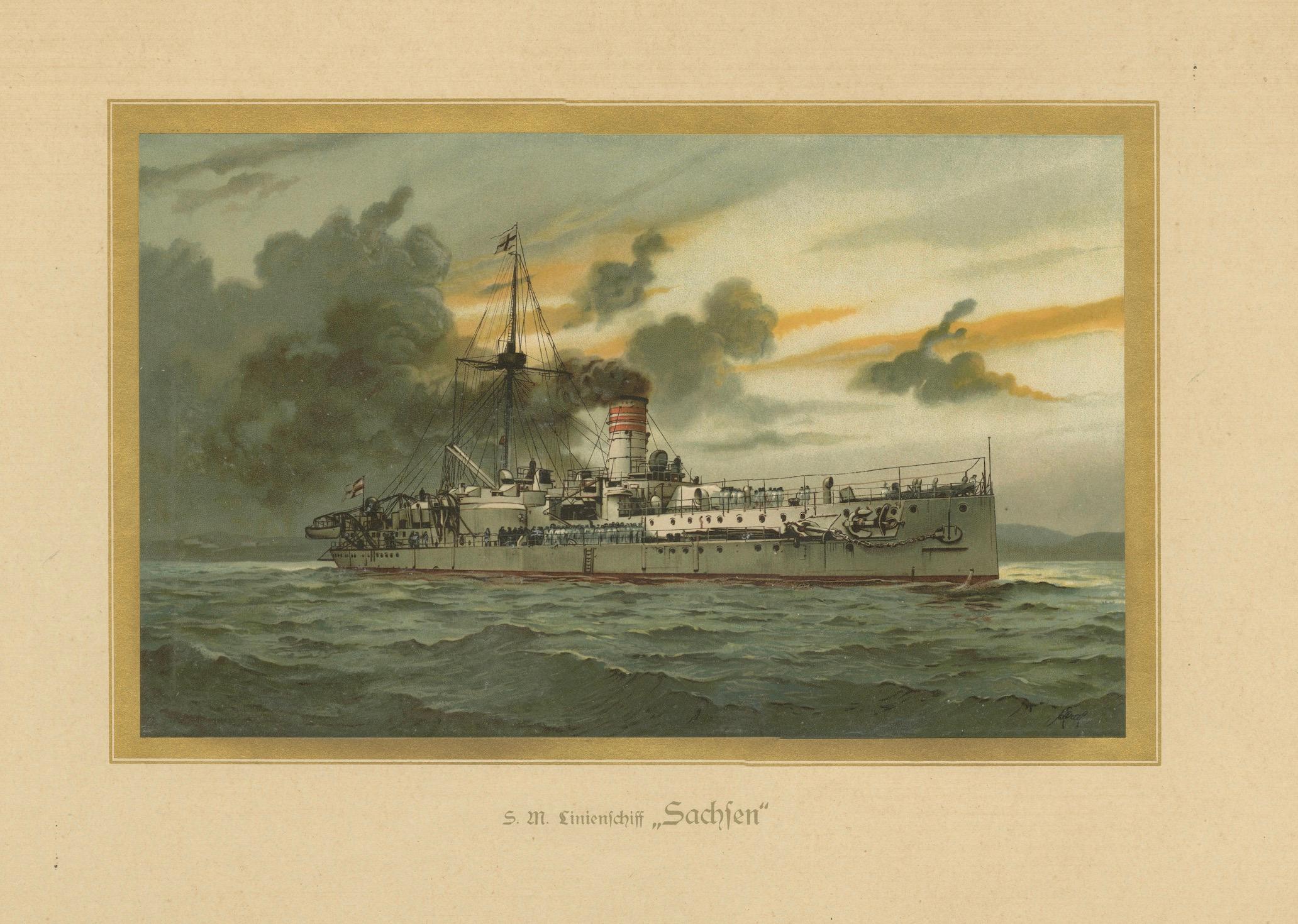 Inizio XX secolo SMS Sachsen: Pionieristica nave da difesa costiera tedesca - Cromolitografia del 1903 in vendita
