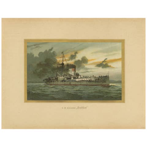 SMS Sachsen: Pioneering German Coastal Defense Ship – 1903 Chromolithograph