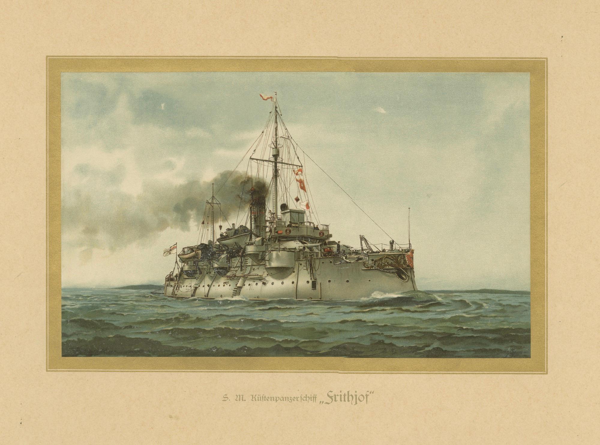 Title: SMS Siegfried: German Coastal Defense Ship from the 1890s – 1903 Chromolithograph
  
This 1903 chromolithograph by Hugo Graf, part of *Deutschland zur See*, captures the SMS Siegfried, a German coastal defense ship launched in 1890.