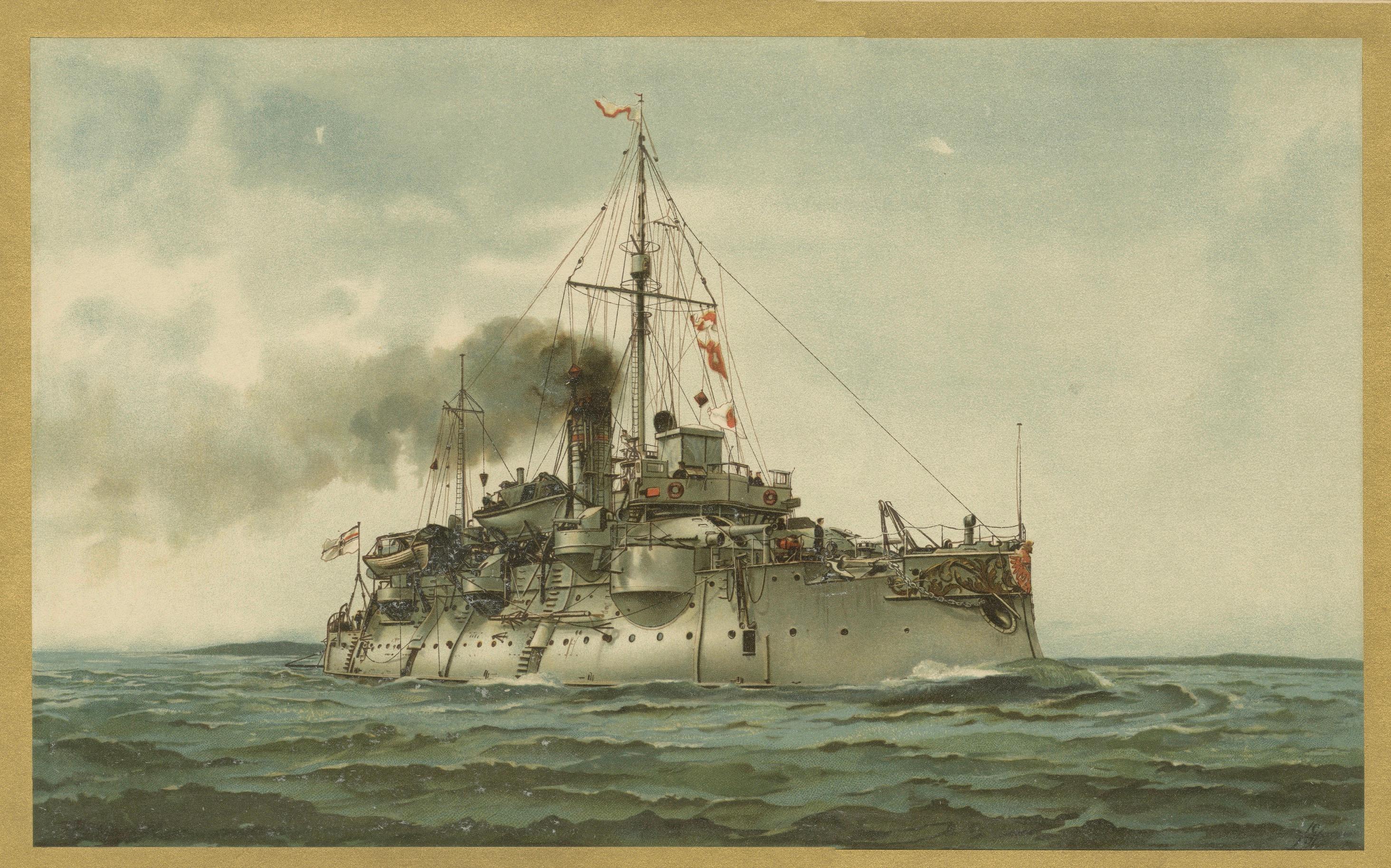 SMS Siegfried: Chromolithograph of a German Coastal Defense Ship from the 1890s In Good Condition For Sale In Langweer, NL