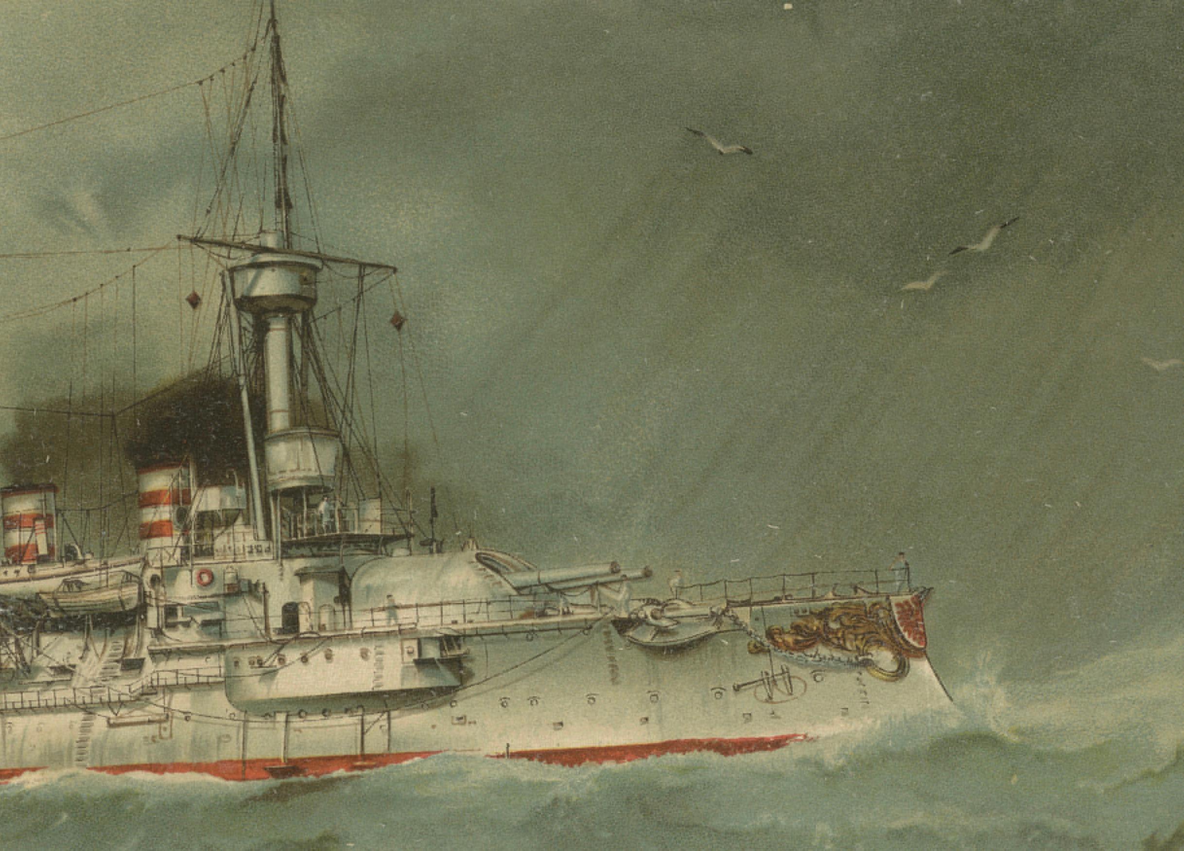 Titel: SMS Wörth: Deutsches Schlachtschiff in stürmischer See - 1903 Chromolithographie

Diese Chromolithografie von Hugo Graf aus 