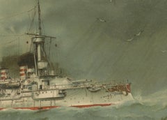 SMS Wörth: German Pre-Dreadnought Battleship in Stormy Seas – 1903 Chromolitho