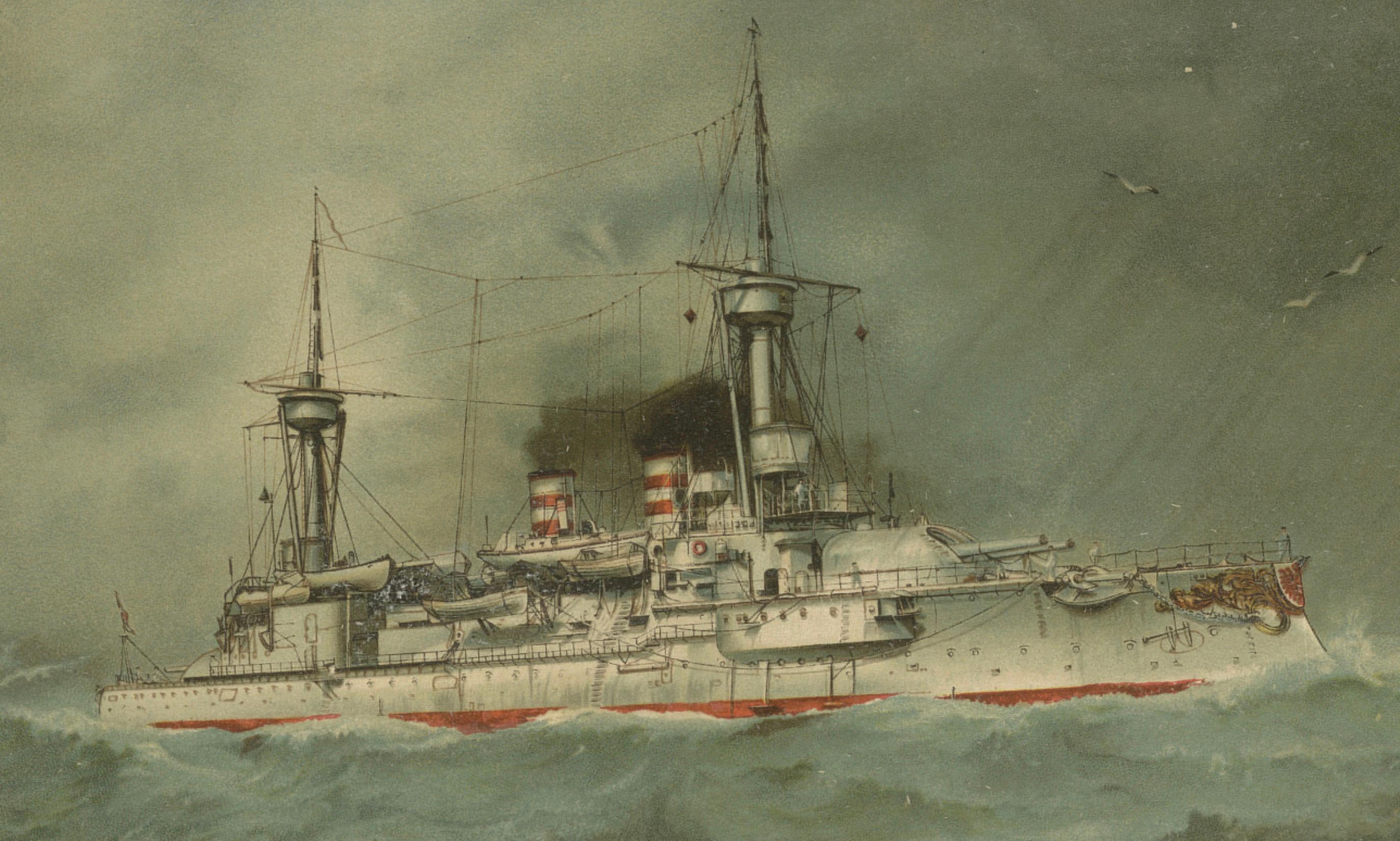 SMS Wörth: Deutsches Schlachtschiff in stürmischer See - 1903 Chromolitho im Zustand „Gut“ im Angebot in Langweer, NL