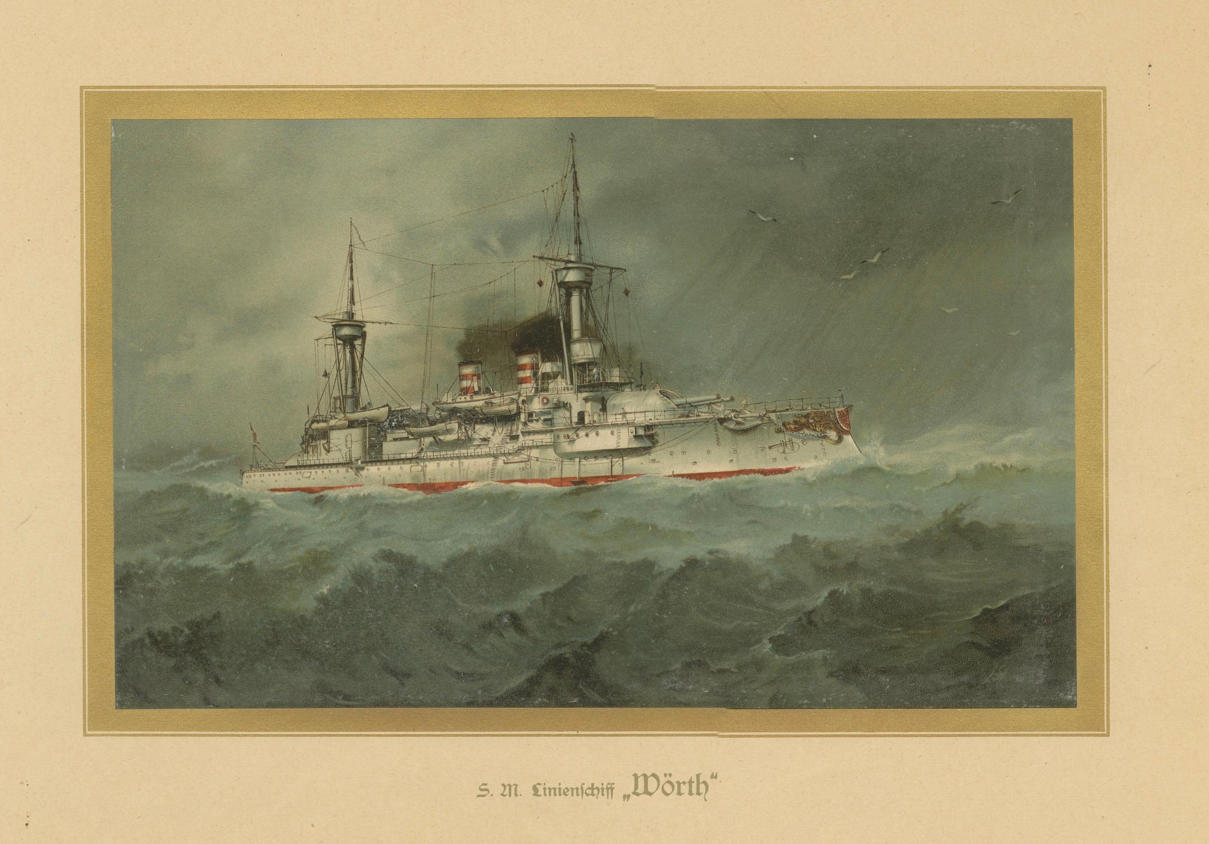 SMS Wörth: Deutsches Schlachtschiff in stürmischer See - 1903 Chromolitho (Frühes 20. Jahrhundert) im Angebot