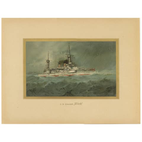 SMS Wörth: German Pre-Dreadnought Battleship in Stormy Seas – 1903 Chromolitho