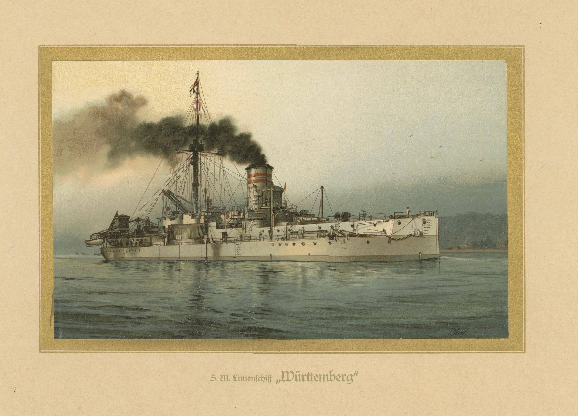 Titel: SMS Württemberg: Deutsches Küstenverteidigungsschiff in Chromolithographie von Hugo Graf (1903)

Diese Chromolithografie von Hugo Graf aus 