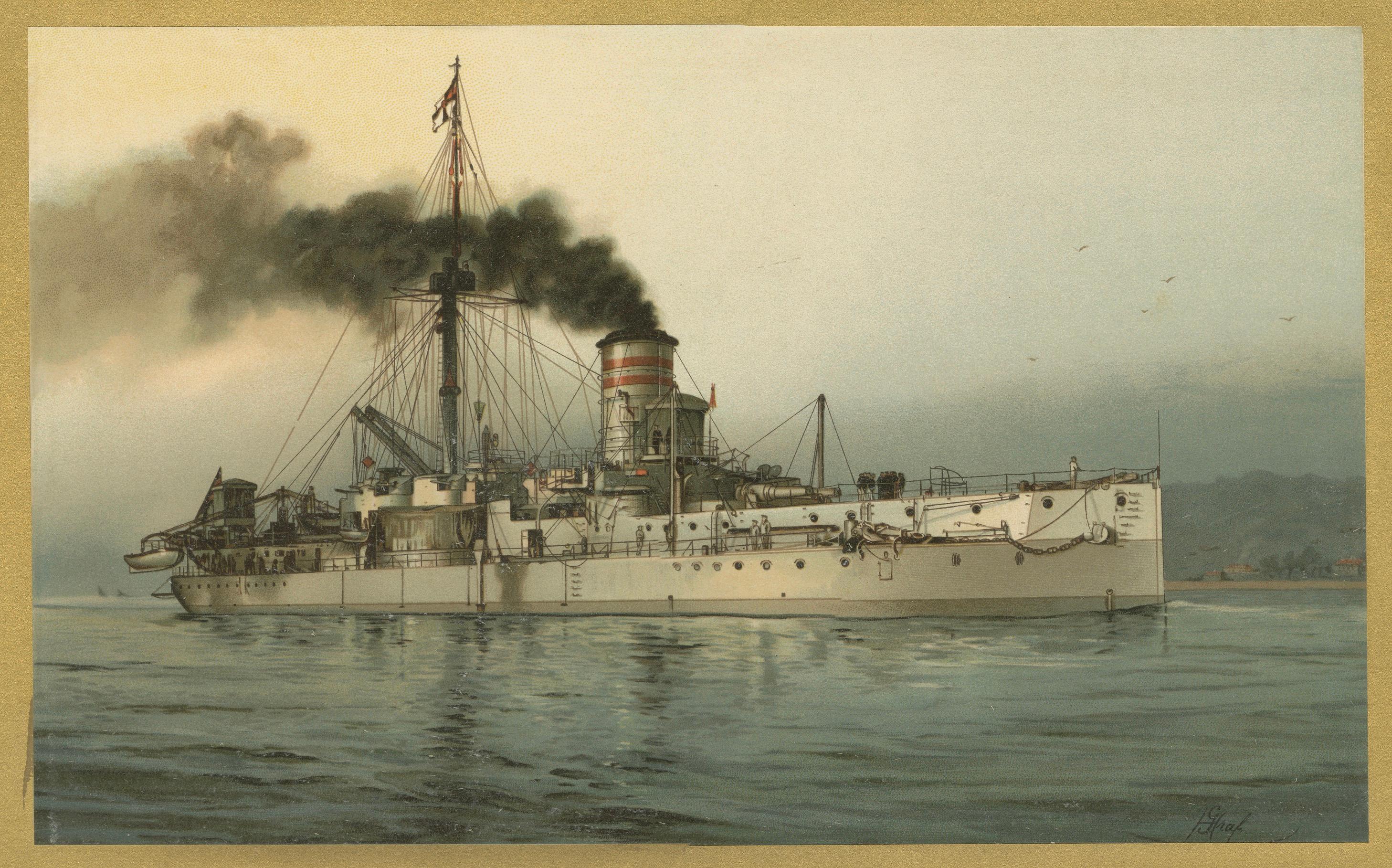 SMS Württemberg: Deutsches Küstenverteidigungsschiff in Chromolithographie von Hugo Graf im Zustand „Gut“ im Angebot in Langweer, NL