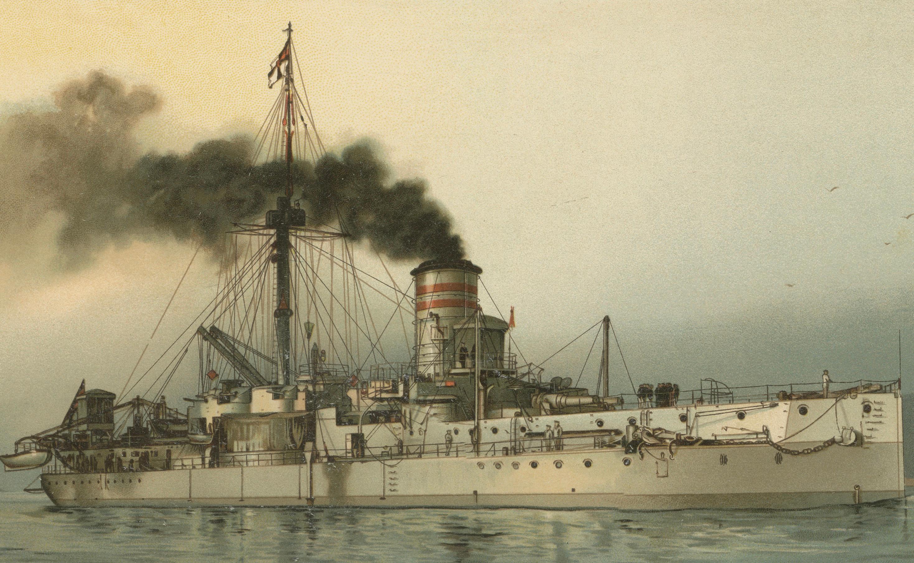 SMS Württemberg: Deutsches Küstenverteidigungsschiff in Chromolithographie von Hugo Graf (Frühes 20. Jahrhundert) im Angebot