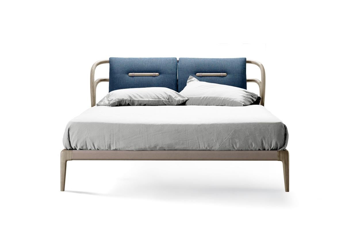 Modern Smusso Solid Wood Bed, Walnut in Hand-Made Natural Grey Finish, Contemporary For Sale