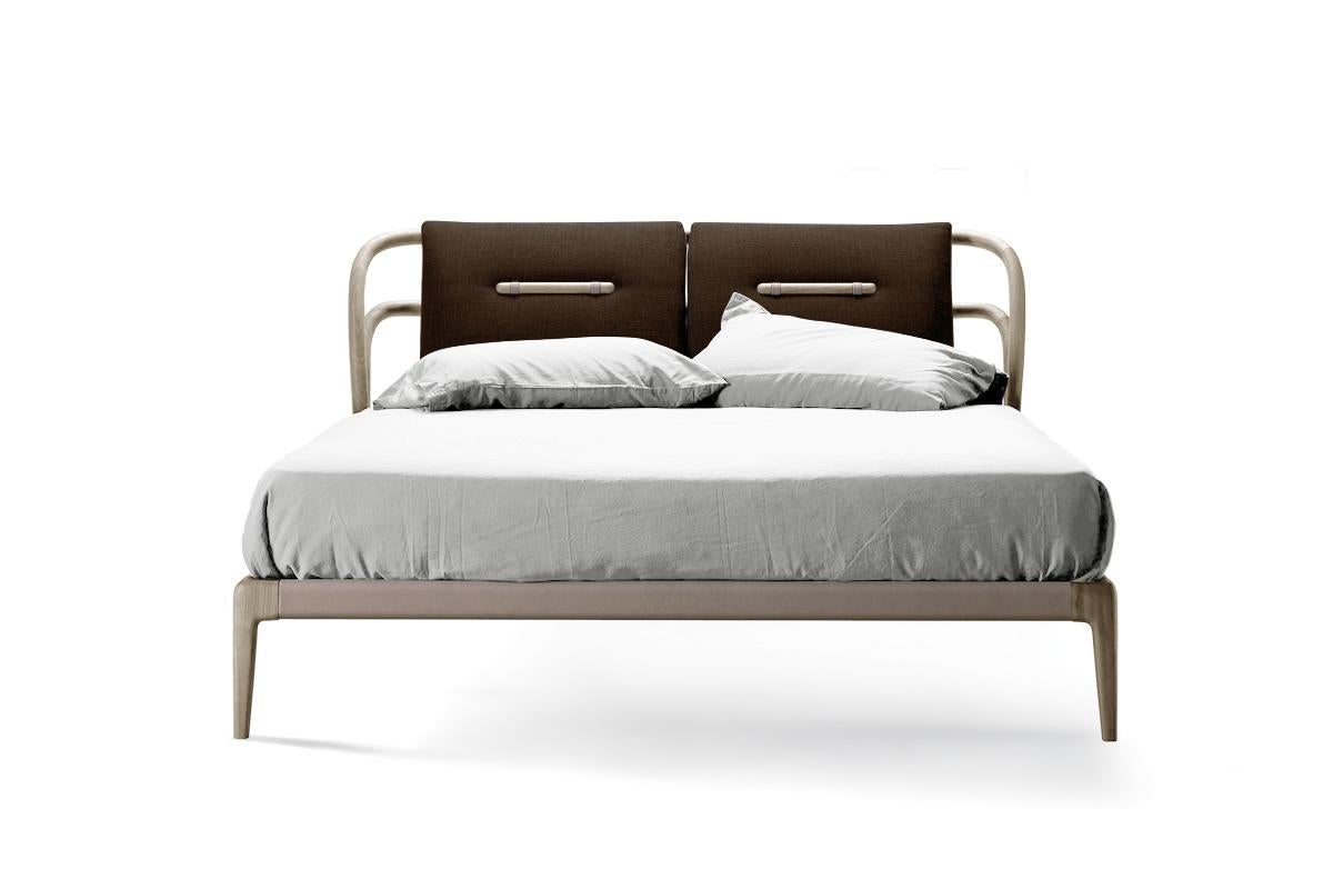 Italian Smusso Solid Wood Bed, Walnut in Hand-Made Natural Grey Finish, Contemporary For Sale