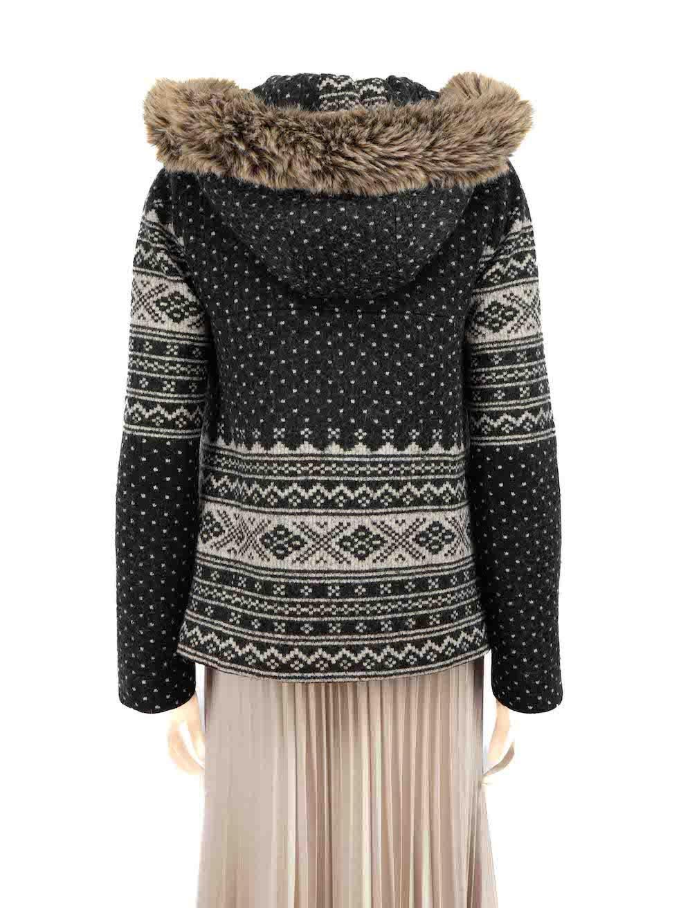 Smythe Grey Wool Faux Fur Trim Fair Isle Coat Size M In Good Condition For Sale In London, GB