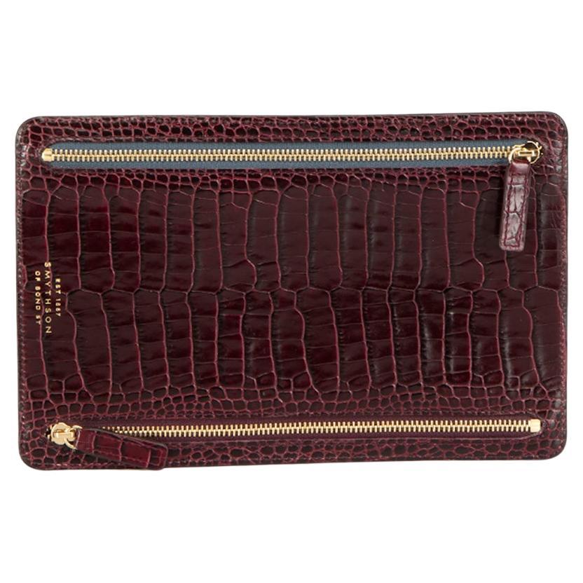 Smythson Burgundy Leather Embossed Zip Pouch