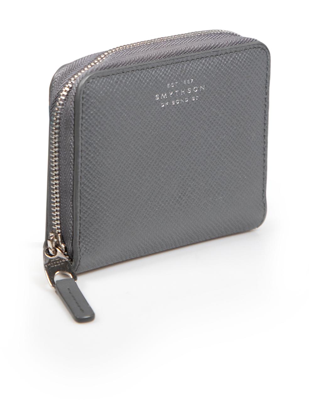 CONDITION is Very good. Minimal wear to purse is evident. Minor tarnishing to zip puller on this used Smythson designer resale item.
 
 Details
 Grey
 Leather
 Wallet
 Zip fastening
 Silver logo stamp
 1x Main compartment
 4x Internal card holders
