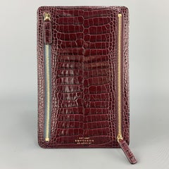 SMYTHSON OF BOND ST. Alligator Embossed Burgundy Leather Zip Currency Wallet