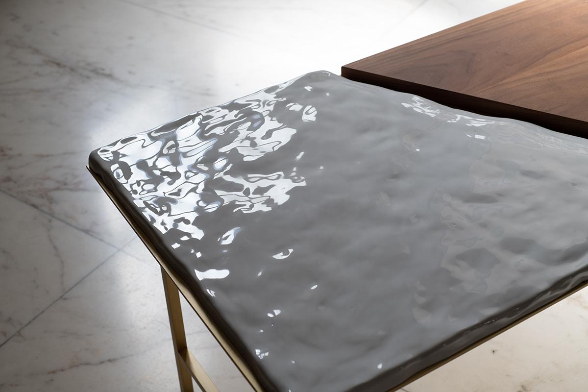 Brushed Snaer- Brass, Porcelain and Canaletto Walnut Coffee Table, Used for Exhibition For Sale