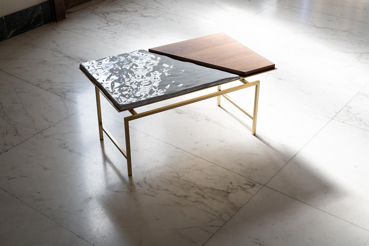 Italian Snaer, Brass, Porcelain and Solid Canaletto Walnut Contemporary Coffee Table For Sale